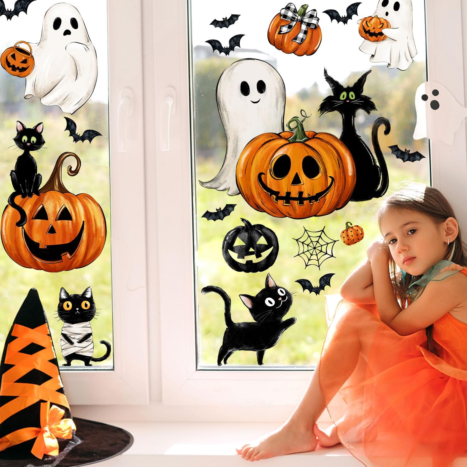 87 Reusable Vintage Halloween Clings: Ghost, Bat, Cat, Pumpkin Decals - Image 5