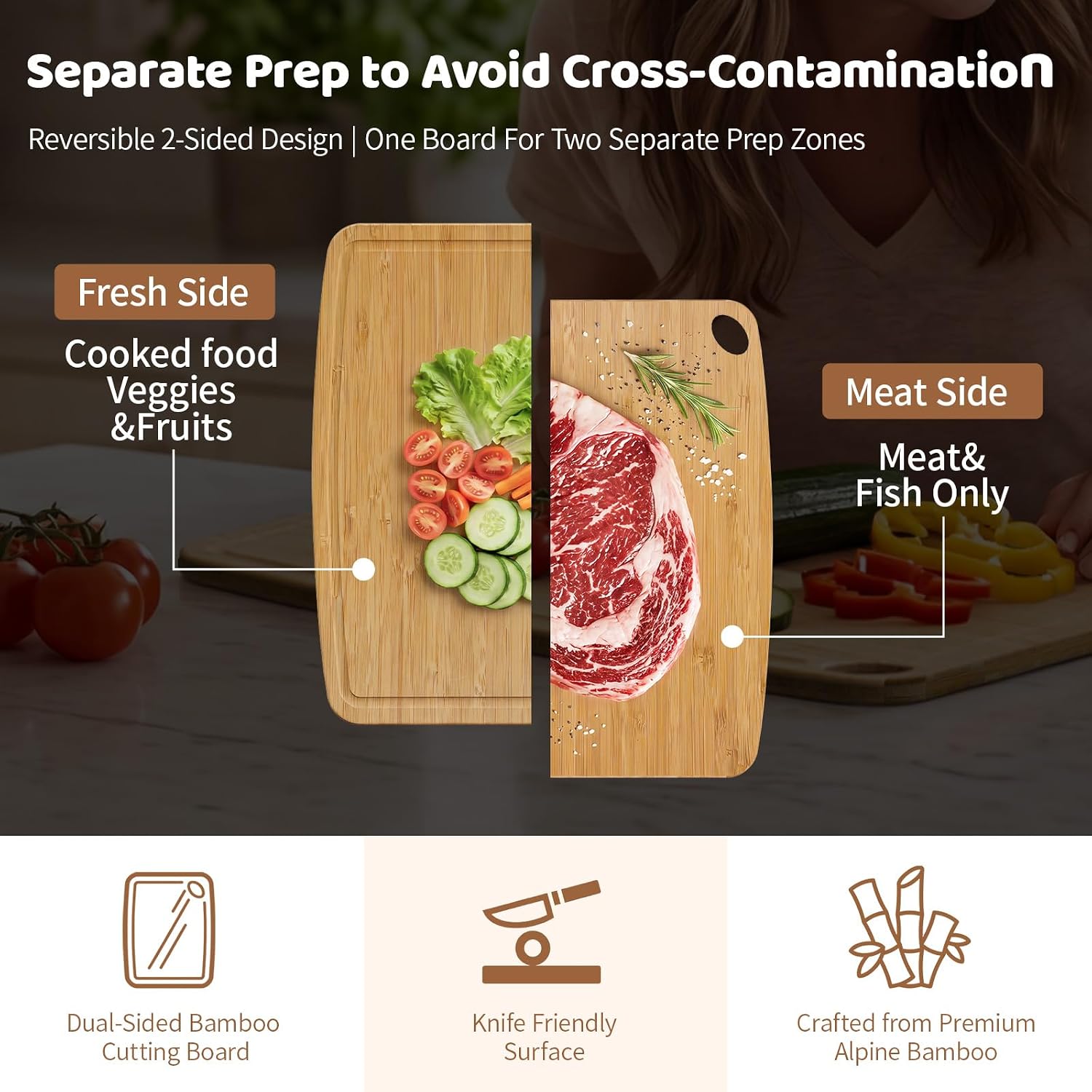 Dishwasher Safe Bamboo Kitchen Board: Reversible, Groove, Knife-Friendly, Lightweight - Image 3