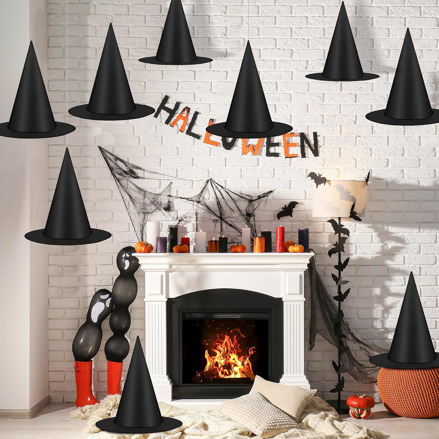 12 Black Hanging Witch/Wizard Hats with Cord for Halloween Decor & Costumes. - Image 4