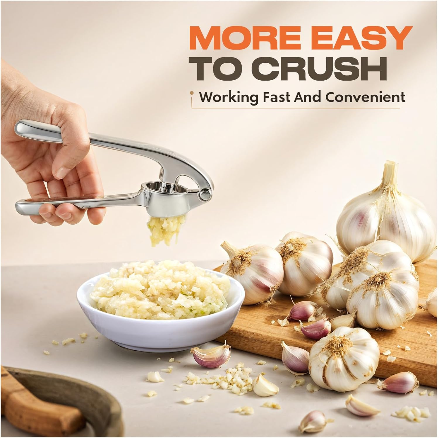 Matte Rust-Proof Garlic Press Set. Dishwasher Safe, Easy Squeeze & Clean w/ Peeler & Brush. - Image 4