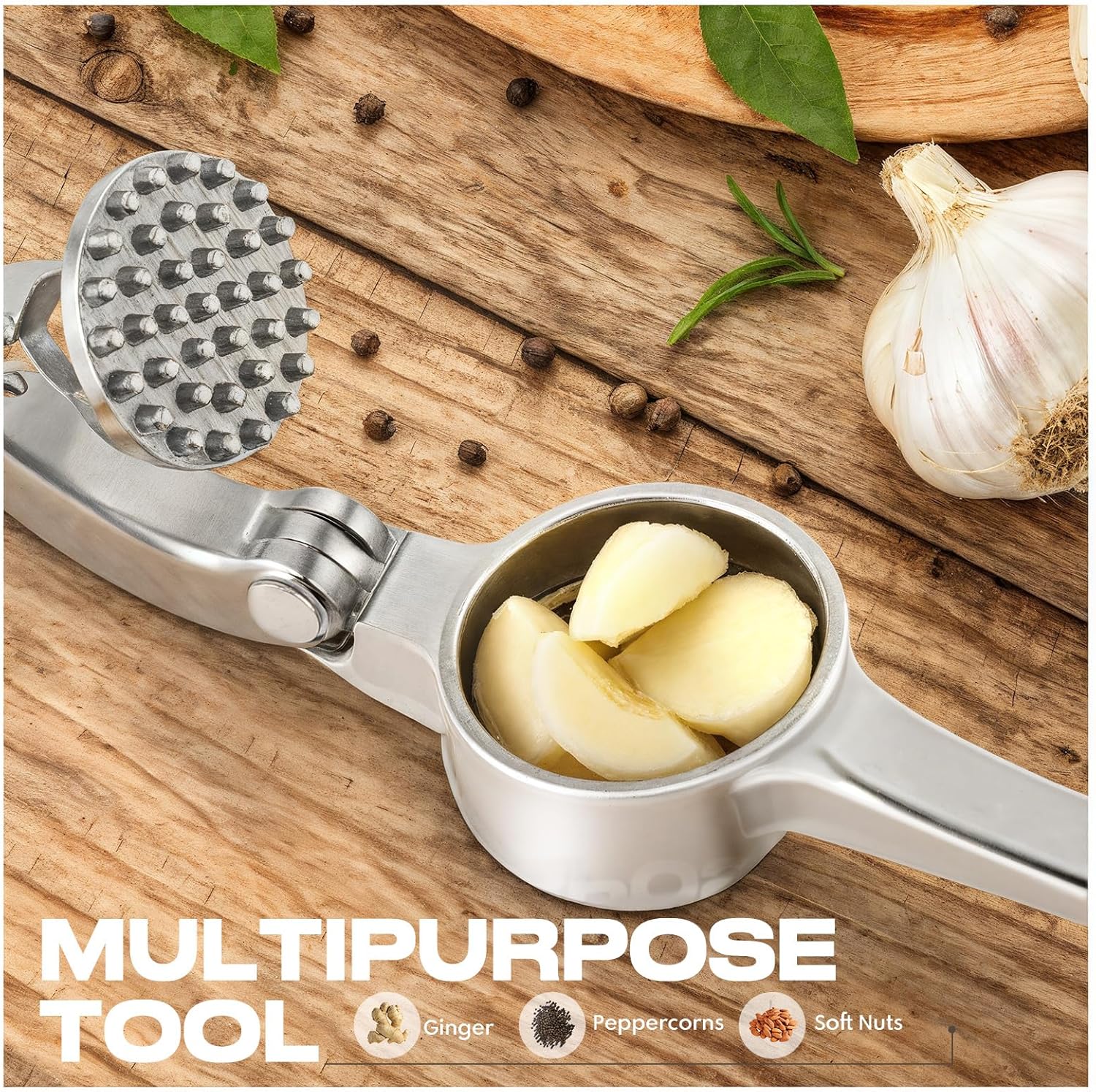 Matte Rust-Proof Garlic Press Set. Dishwasher Safe, Easy Squeeze & Clean w/ Peeler & Brush. - Image 6