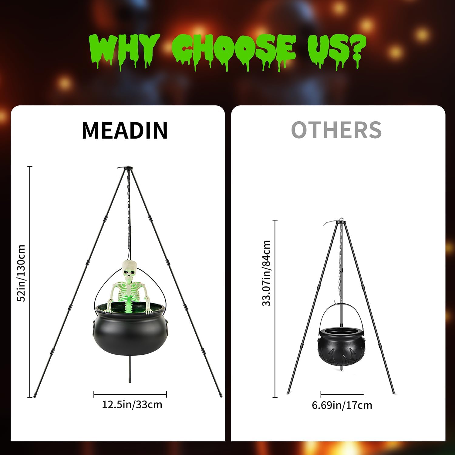 52" Outdoor Witch Cauldron Tripod Fogger & Skull w/ Green Mist - Image 4