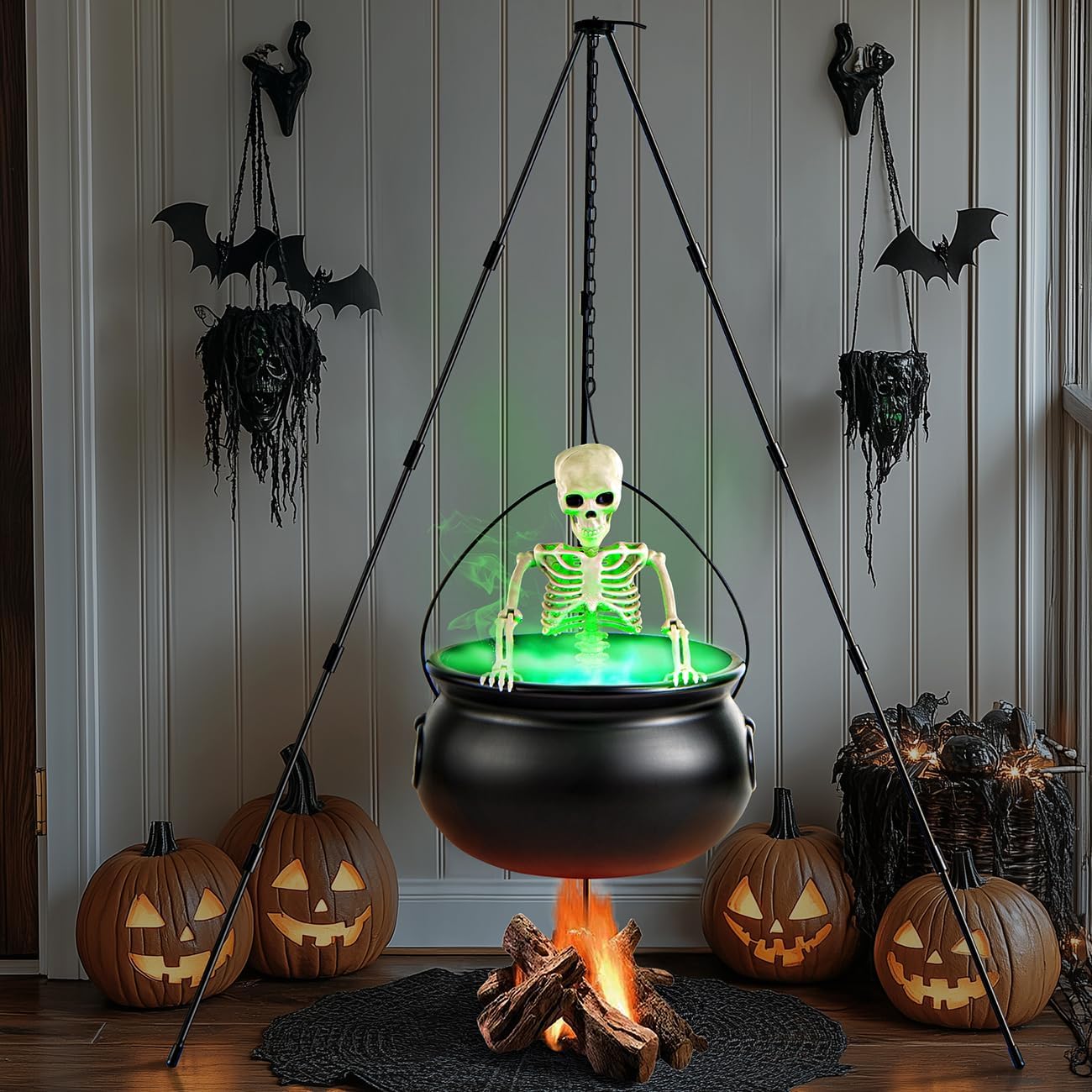 52" Outdoor Witch Cauldron Tripod Fogger & Skull w/ Green Mist - Image 5