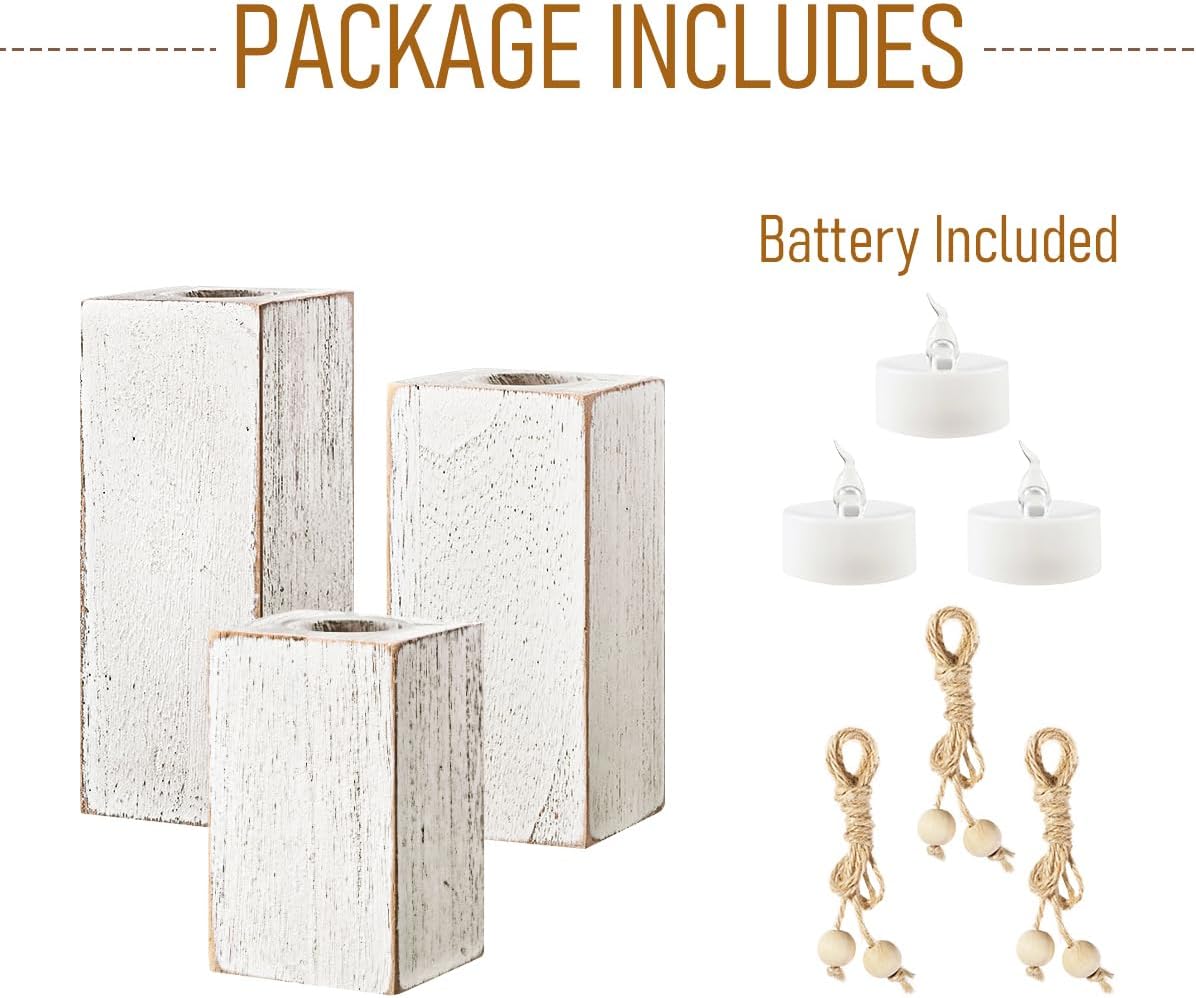 3pc White Wood Farmhouse LED Candle Holders | Modern Rustic Home Decor - Image 3