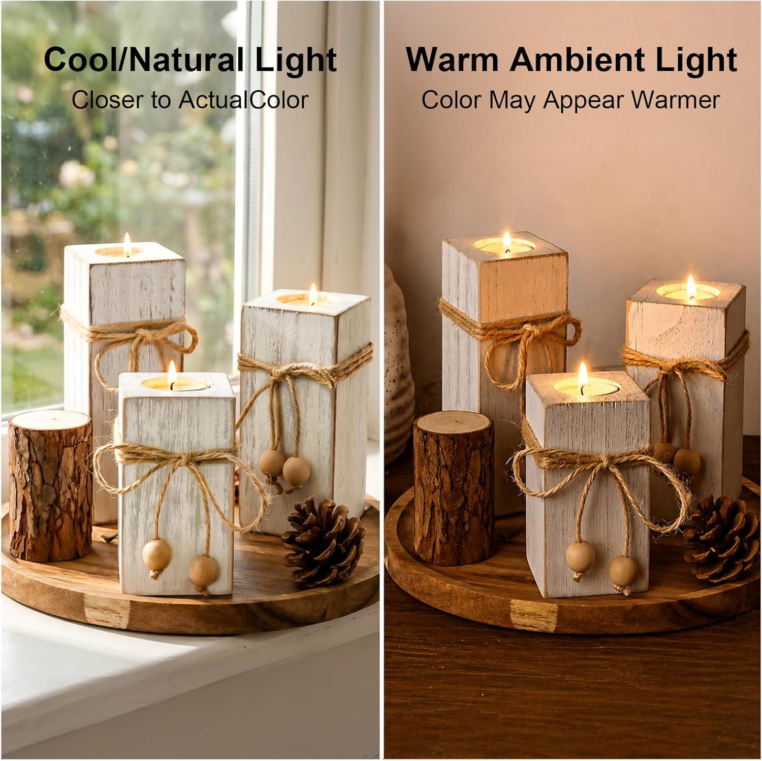 3pc White Wood Farmhouse LED Candle Holders | Modern Rustic Home Decor - Image 4