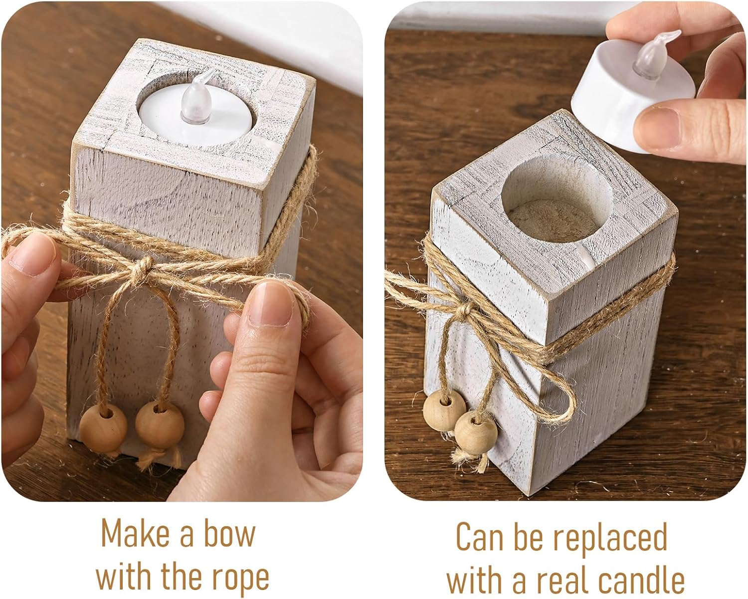 3pc White Wood Farmhouse LED Candle Holders | Modern Rustic Home Decor - Image 5