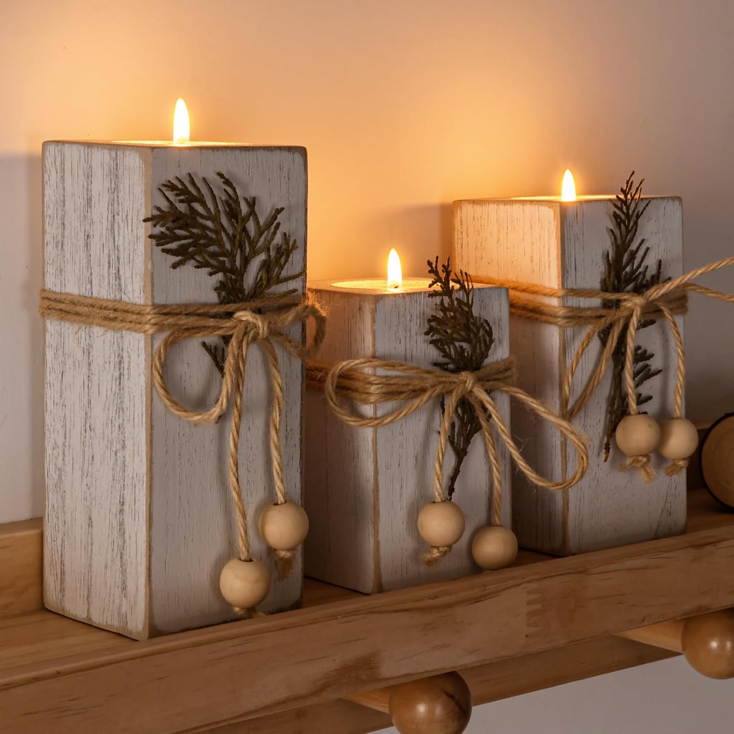 3pc White Wood Farmhouse LED Candle Holders | Modern Rustic Home Decor - Image 6