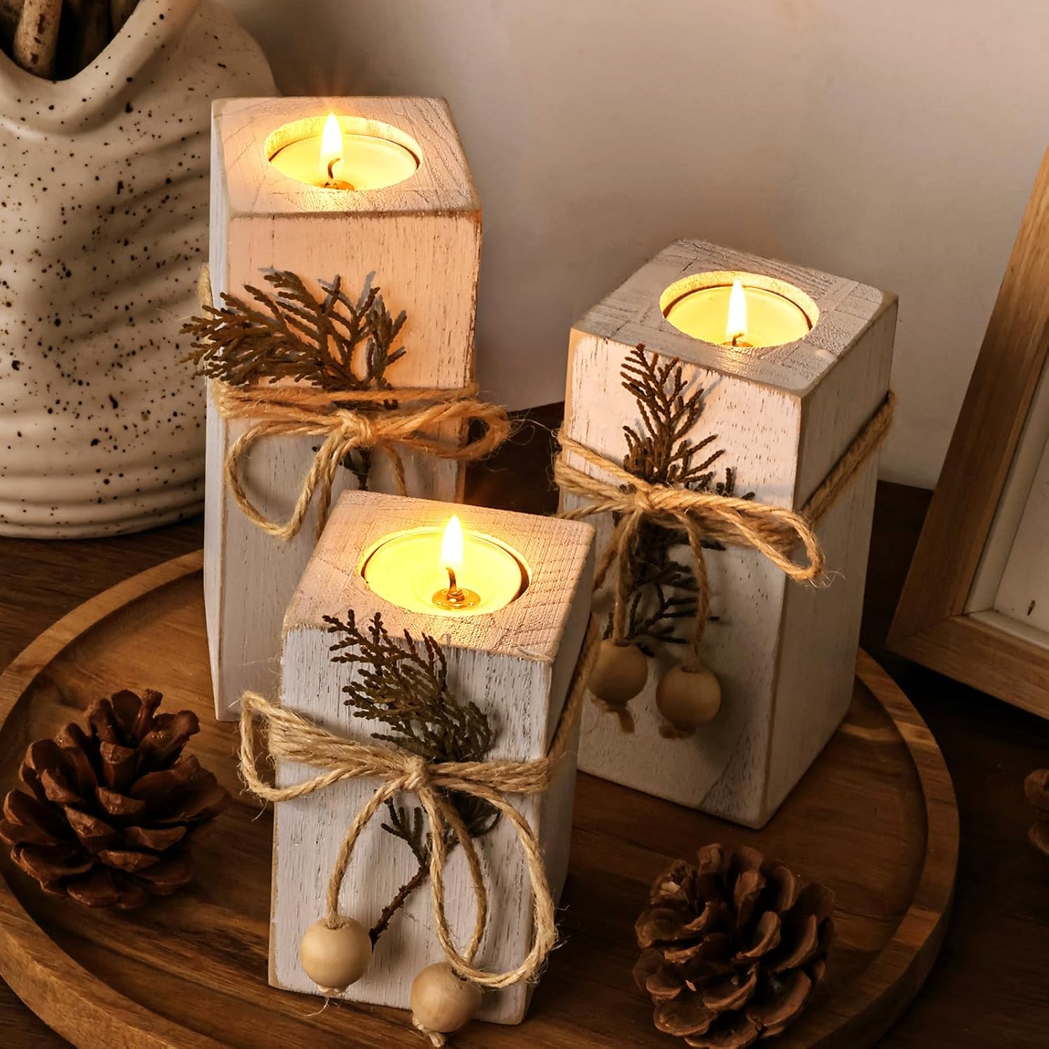 3pc White Wood Farmhouse LED Candle Holders | Modern Rustic Home Decor - Image 7
