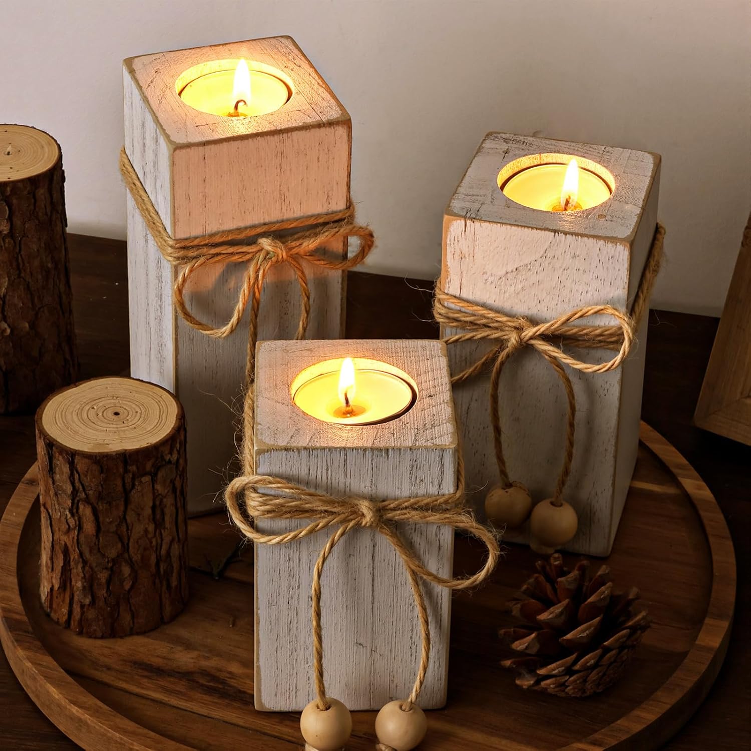 3pc White Wood Farmhouse LED Candle Holders | Modern Rustic Home Decor - Image 8