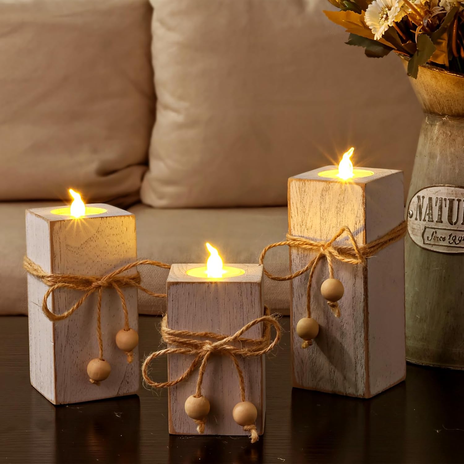 3pc White Wood Farmhouse LED Candle Holders | Modern Rustic Home Decor - Image 9