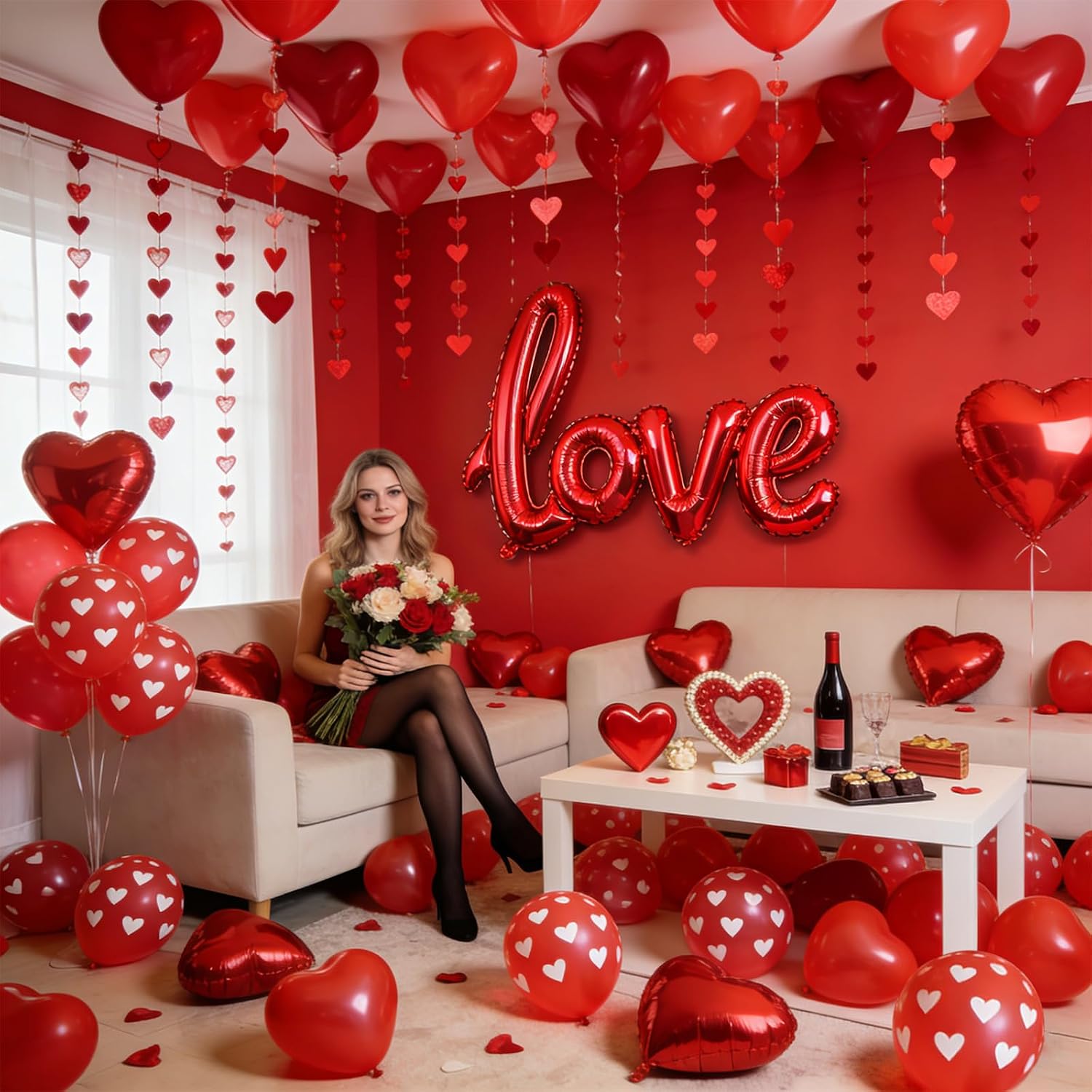 Romantic Valentine's Decor Kit: Balloons, 1000 Silk Petals, "I Love You" & Hearts. - Image 6