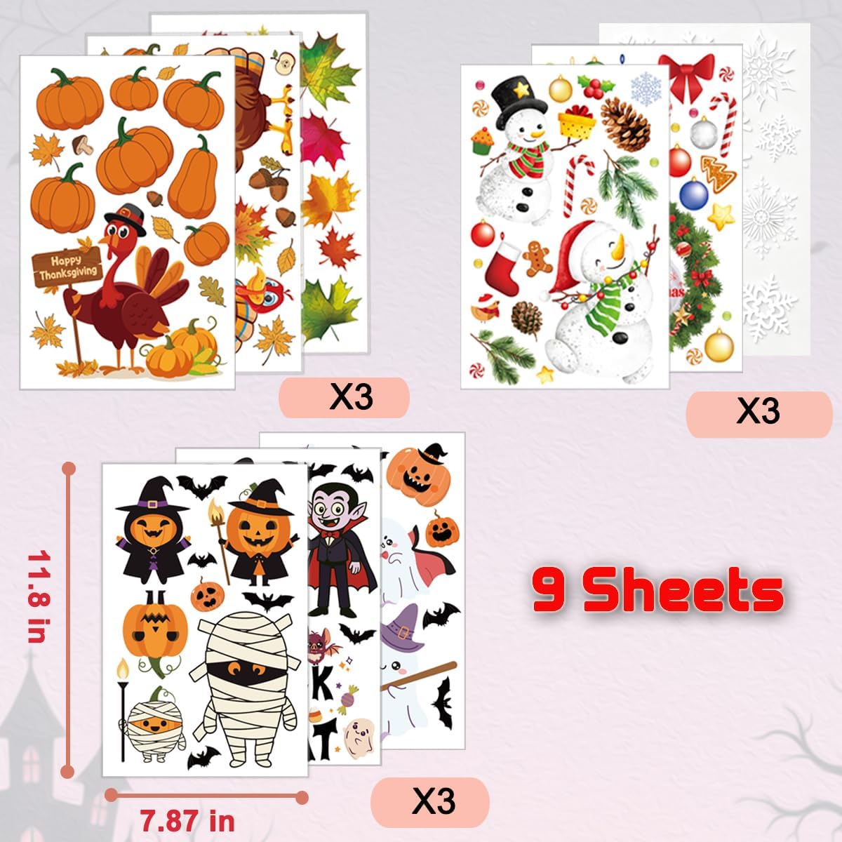 9 Reusable Holiday Window Clings: Halloween, Thanksgiving, Christmas No-Residue - Image 3