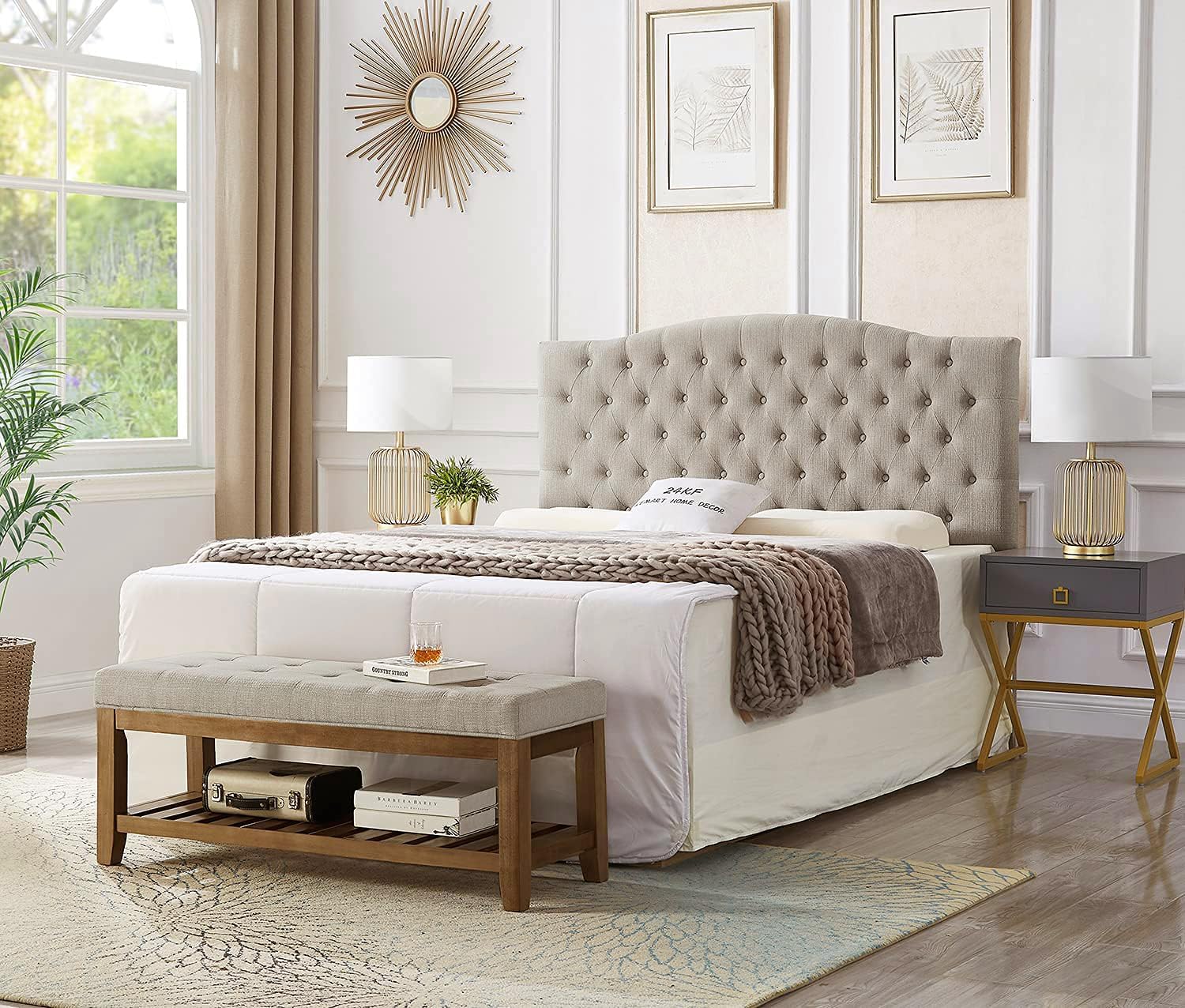 Large Linen Tufted Ottoman Bench with Wood Shelf - Bedroom Review - Image 4