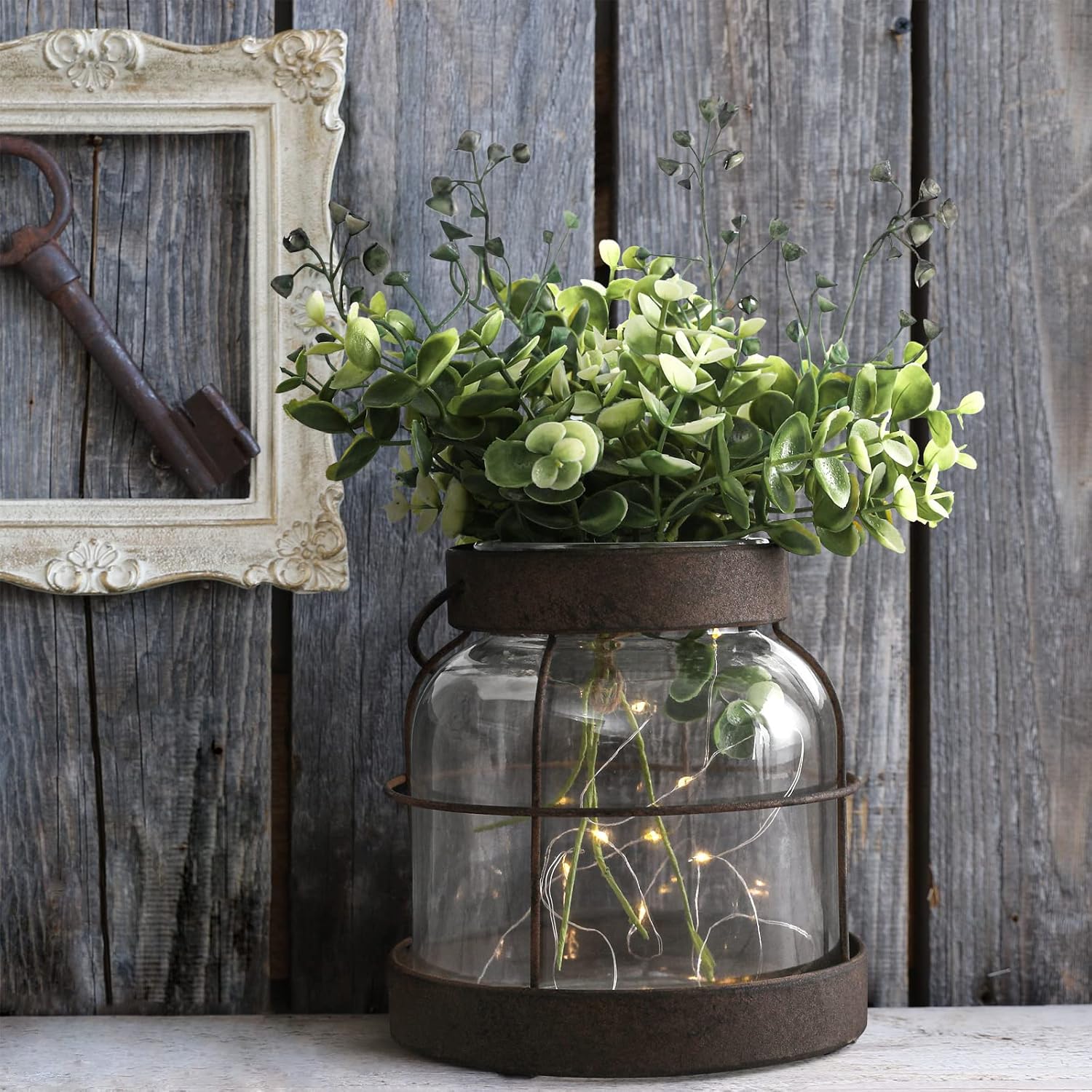 Vintage Farmhouse Glass Vase & Rustic Lantern for Flowers/Lights Decor - Image 2