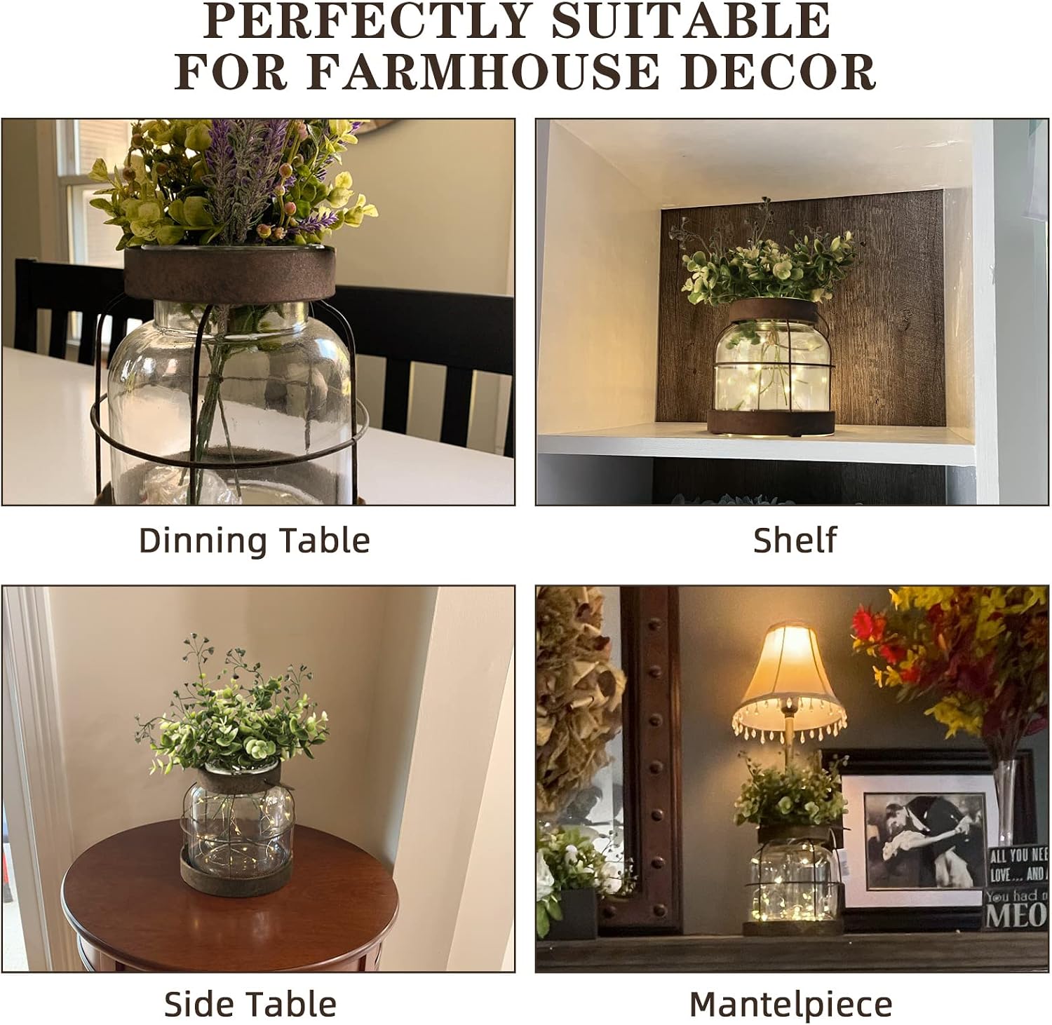 Vintage Farmhouse Glass Vase & Rustic Lantern for Flowers/Lights Decor - Image 3