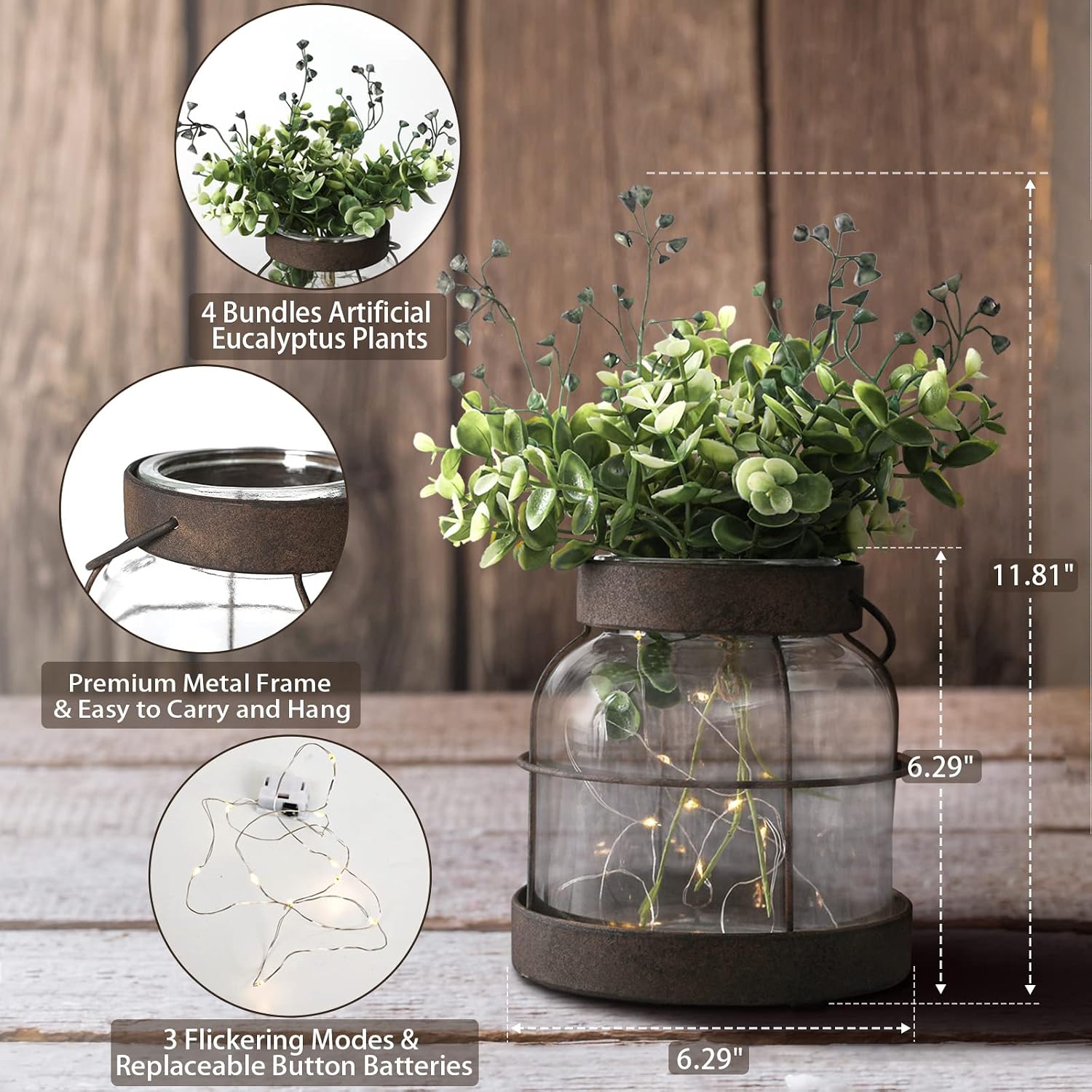Vintage Farmhouse Glass Vase & Rustic Lantern for Flowers/Lights Decor - Image 4