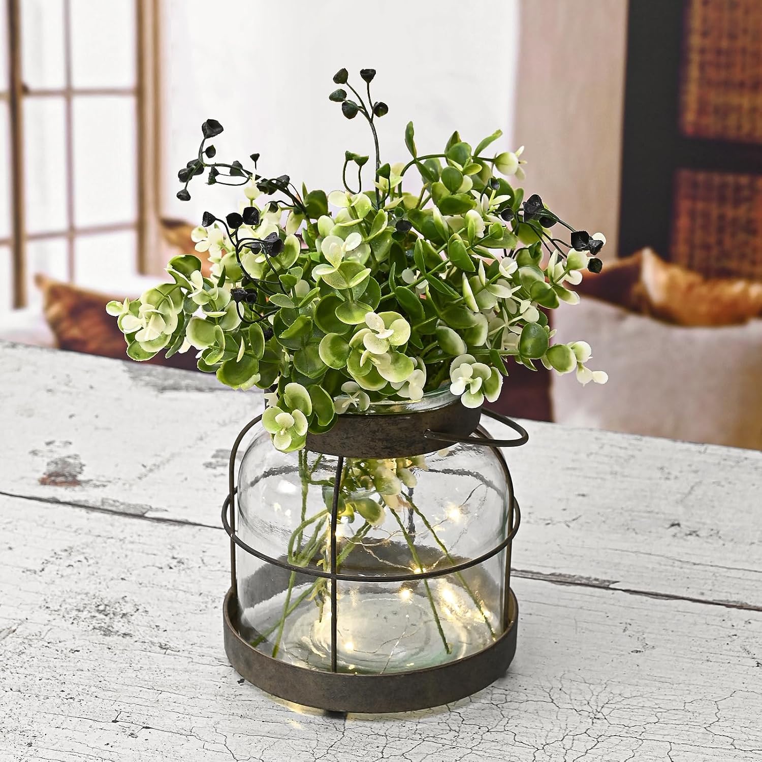 Vintage Farmhouse Glass Vase & Rustic Lantern for Flowers/Lights Decor - Image 5