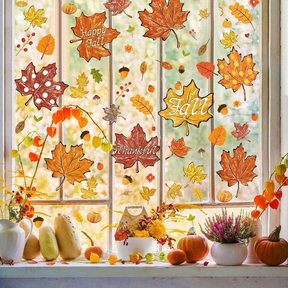 Oil Painting Fall Window Clings: Maple Leaves, Pine Cones for Thanksgiving Decor - Image 4