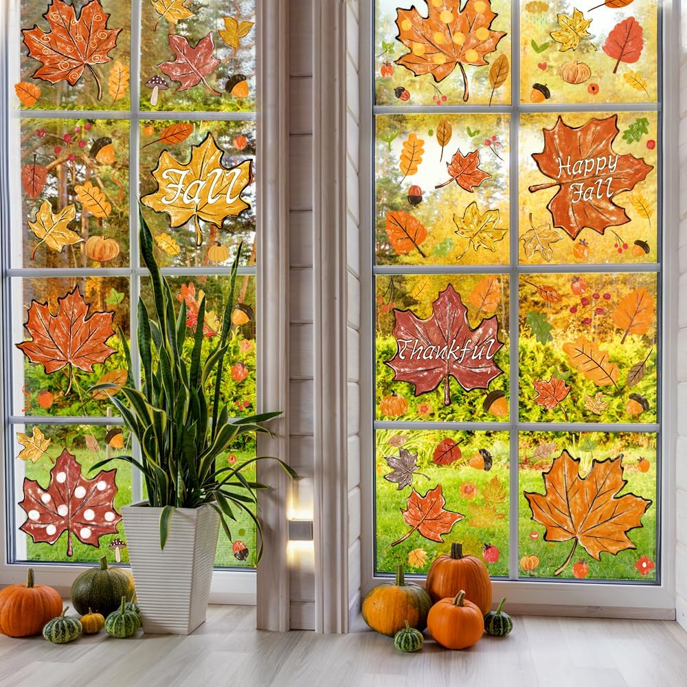 Oil Painting Fall Window Clings: Maple Leaves, Pine Cones for Thanksgiving Decor - Image 5