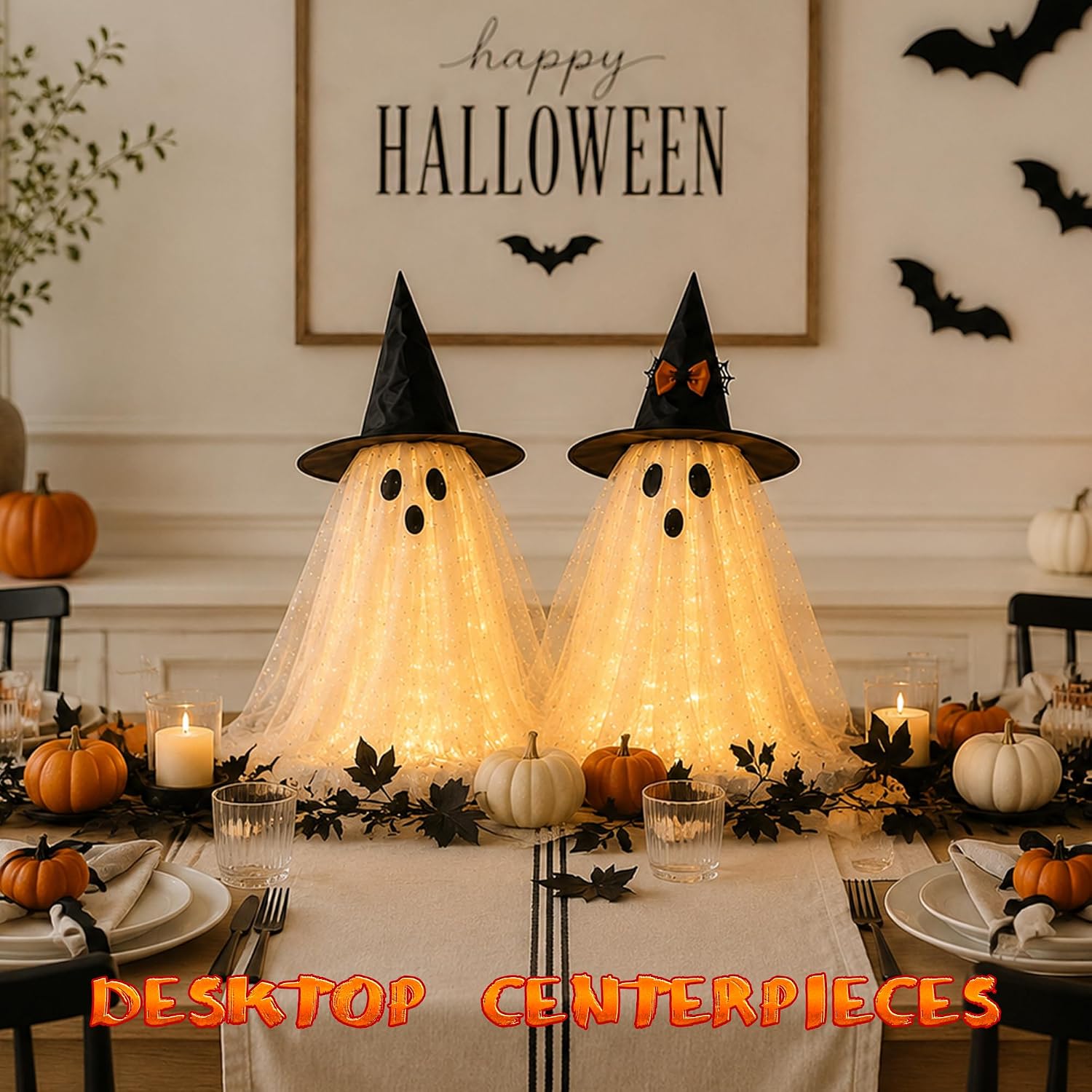 2 Spooky LED Ghost Lights with Remote for Indoor Halloween Decor - Image 3