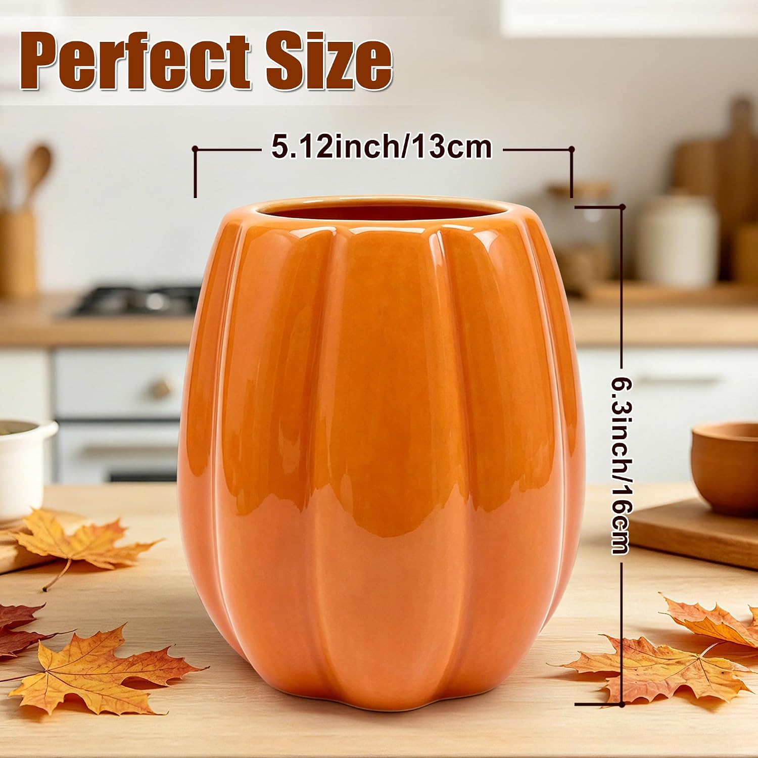 Cute Rustic Ceramic Fall Pumpkin Utensil Holder Kitchen Decor - Image 2