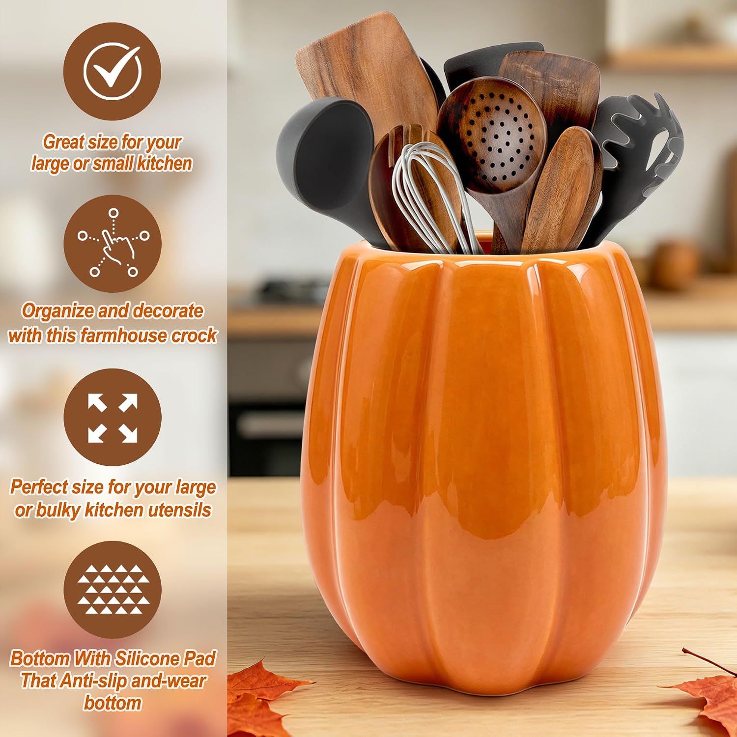 Cute Rustic Ceramic Fall Pumpkin Utensil Holder Kitchen Decor - Image 3