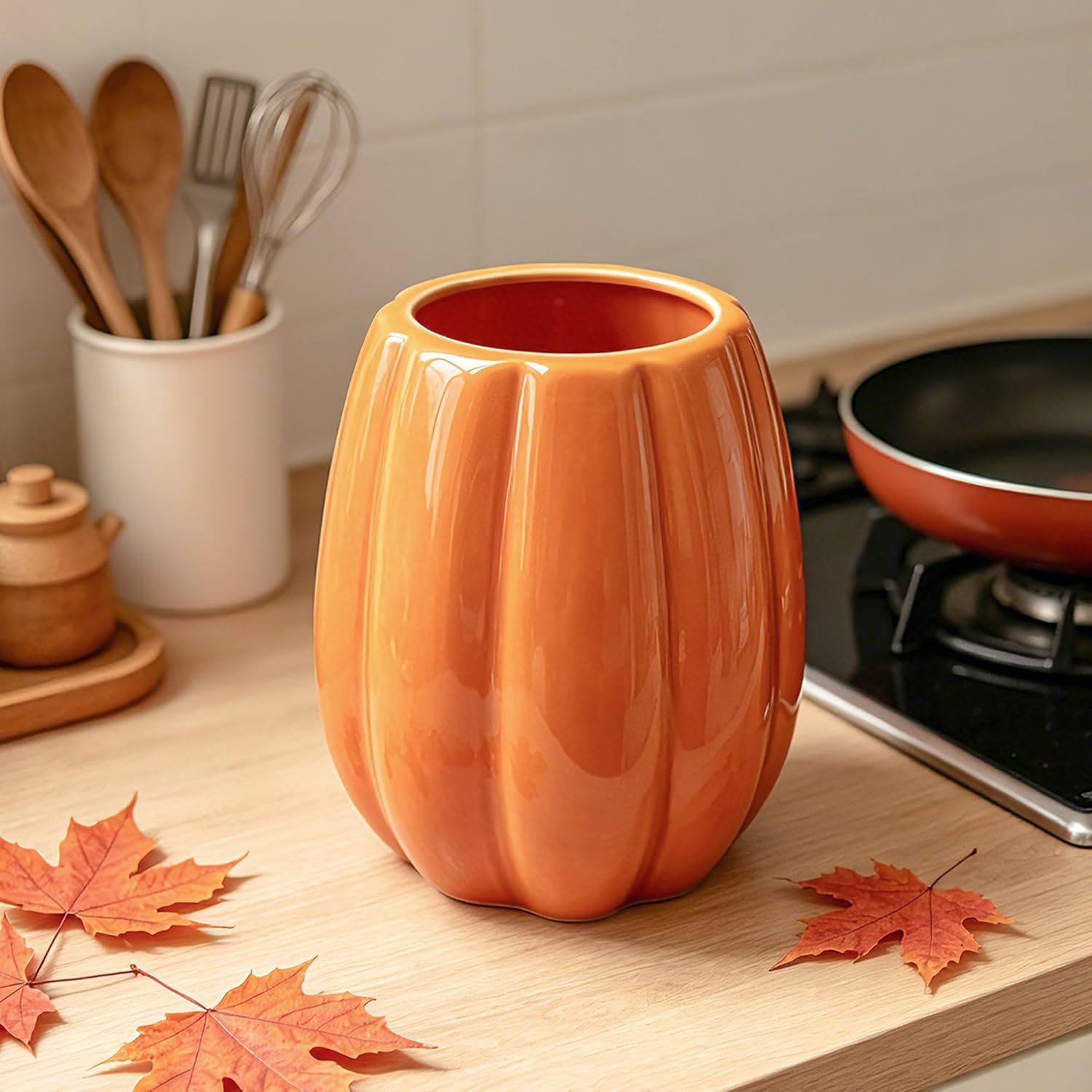 Cute Rustic Ceramic Fall Pumpkin Utensil Holder Kitchen Decor - Image 4
