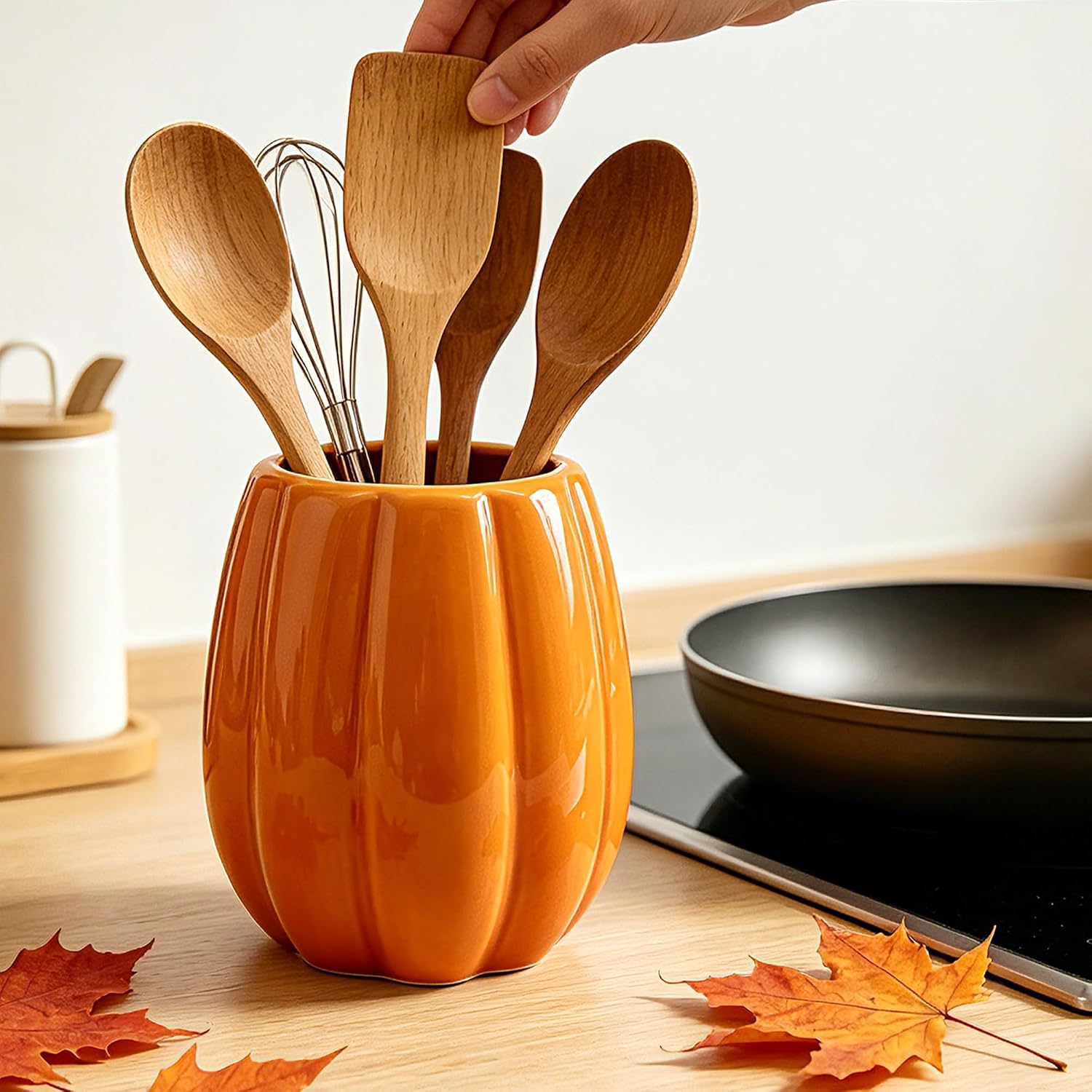 Cute Rustic Ceramic Fall Pumpkin Utensil Holder Kitchen Decor - Image 6