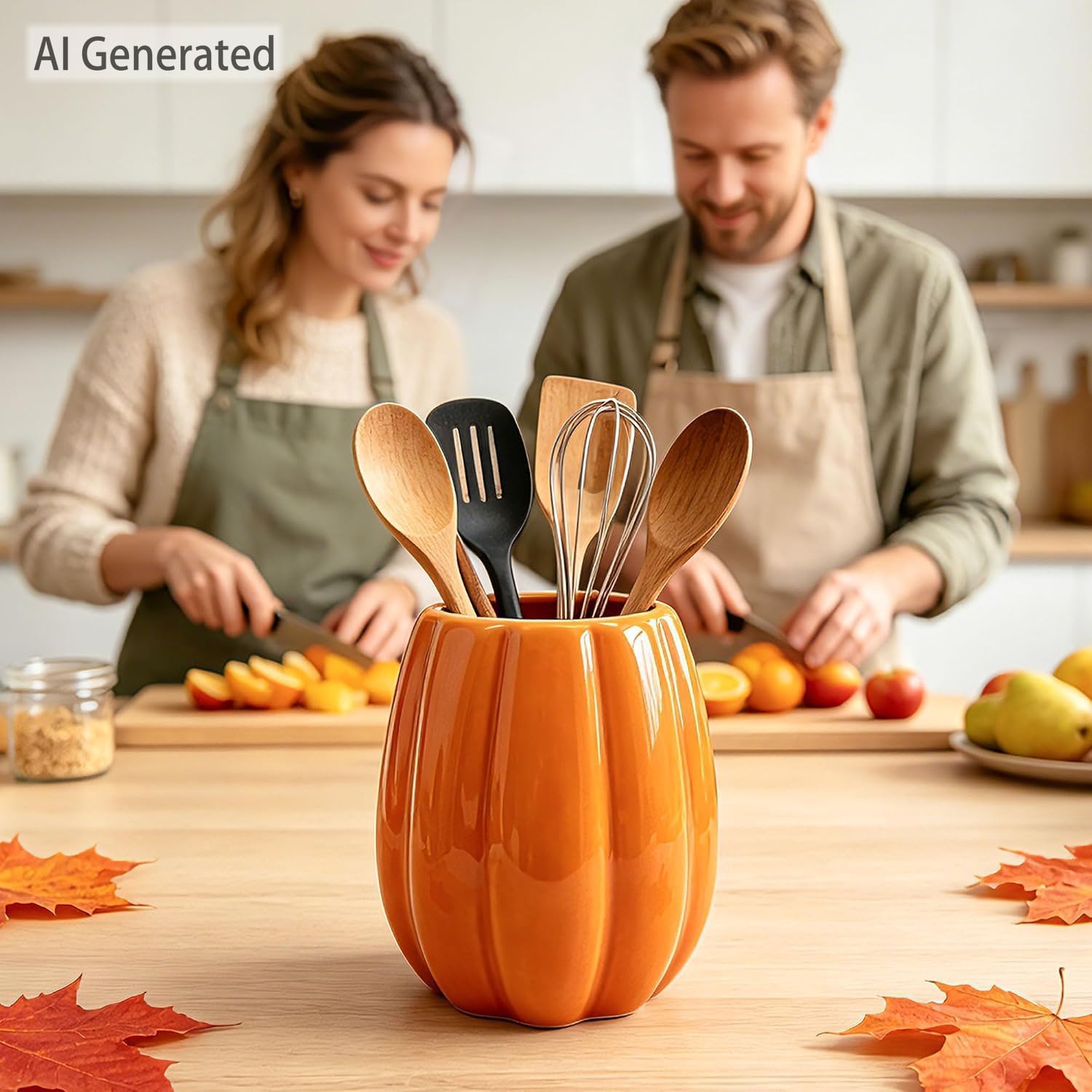 Cute Rustic Ceramic Fall Pumpkin Utensil Holder Kitchen Decor - Image 7