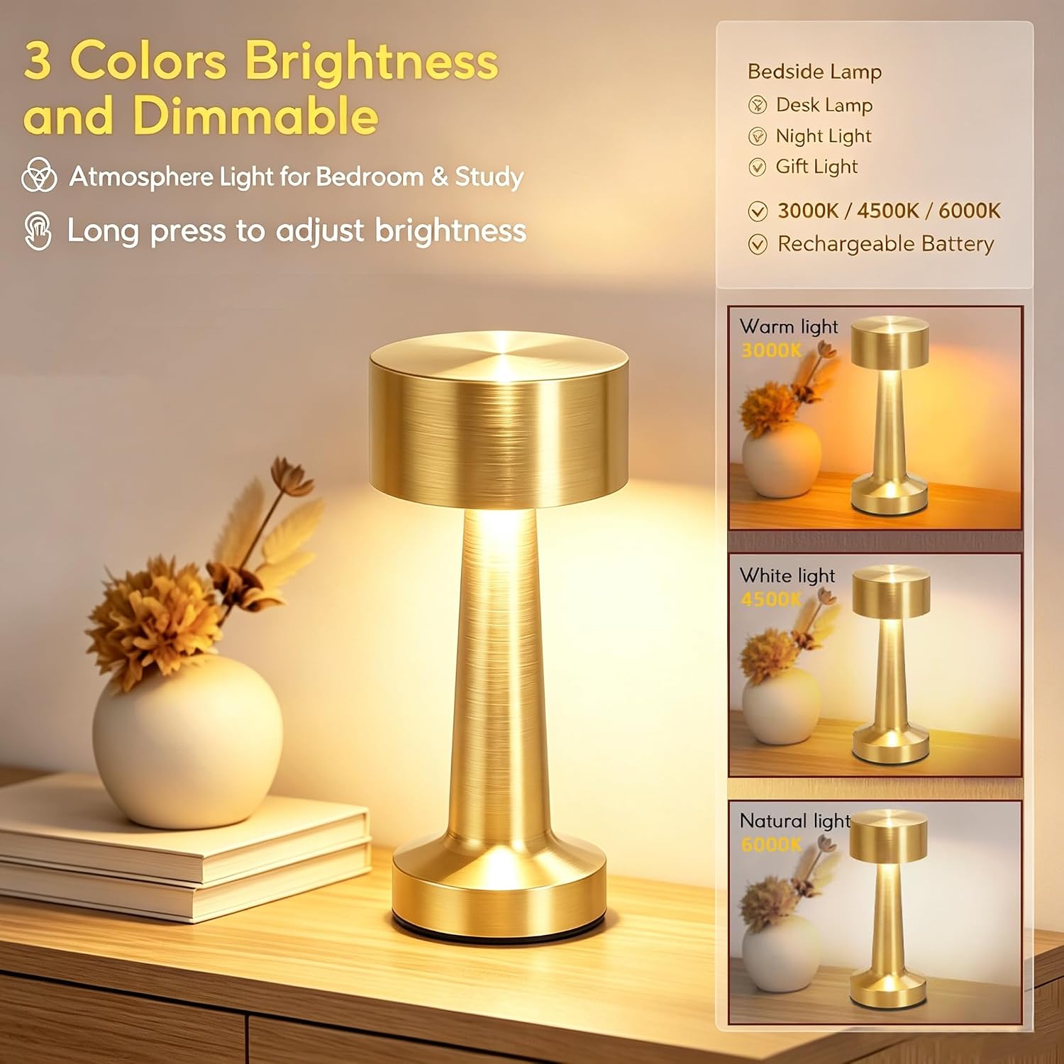 Versatile Golden LED Lamp: Portable, Rechargeable, 3 Brightness/3 Color Touch Control - Image 3