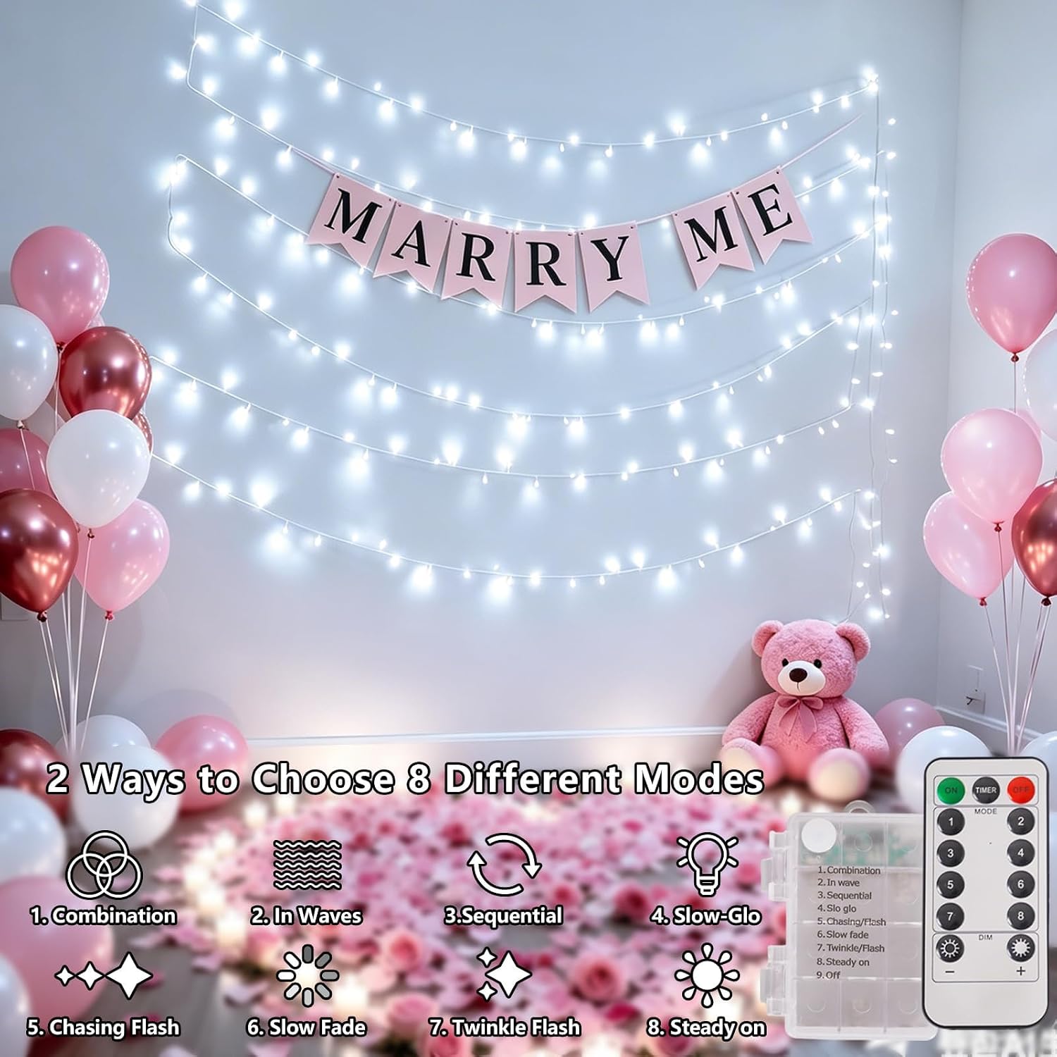 Battery LED White Christmas Fairy Lights 2-Pack, 8 Modes, Remote, Waterproof - Image 3