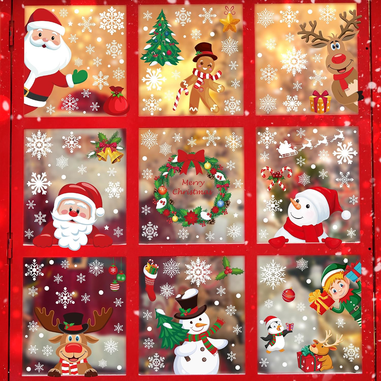186PC Christmas Window Clings: PVC Snowflakes, Santa, Snowman & Reindeer Decals. - Image 5