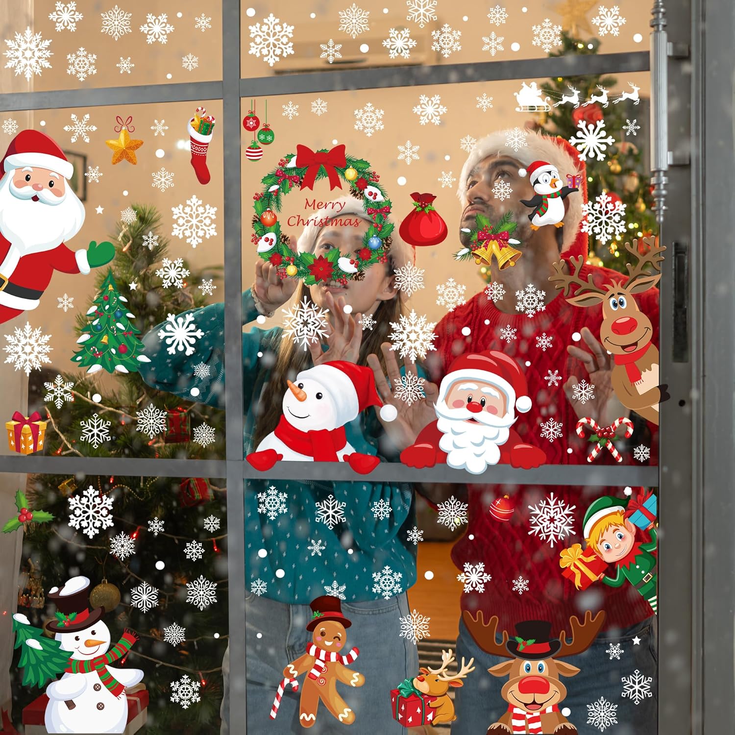 186PC Christmas Window Clings: PVC Snowflakes, Santa, Snowman & Reindeer Decals. - Image 6