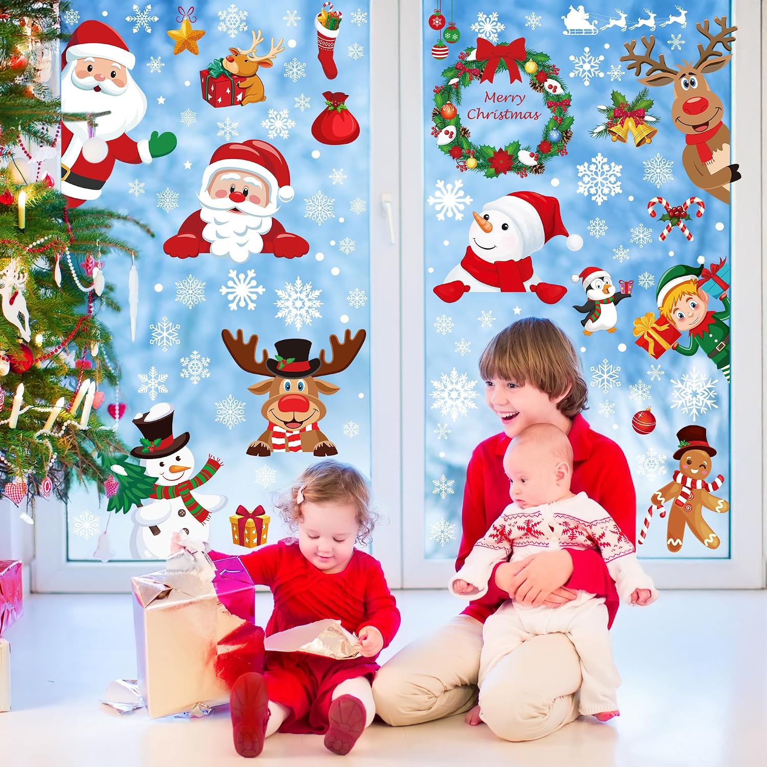 186PC Christmas Window Clings: PVC Snowflakes, Santa, Snowman & Reindeer Decals. - Image 7