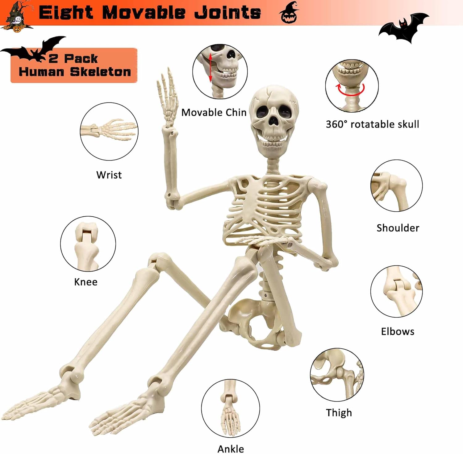 2-Pack 3ft Posable Plastic Skeletons for Halloween Decor - Image 5