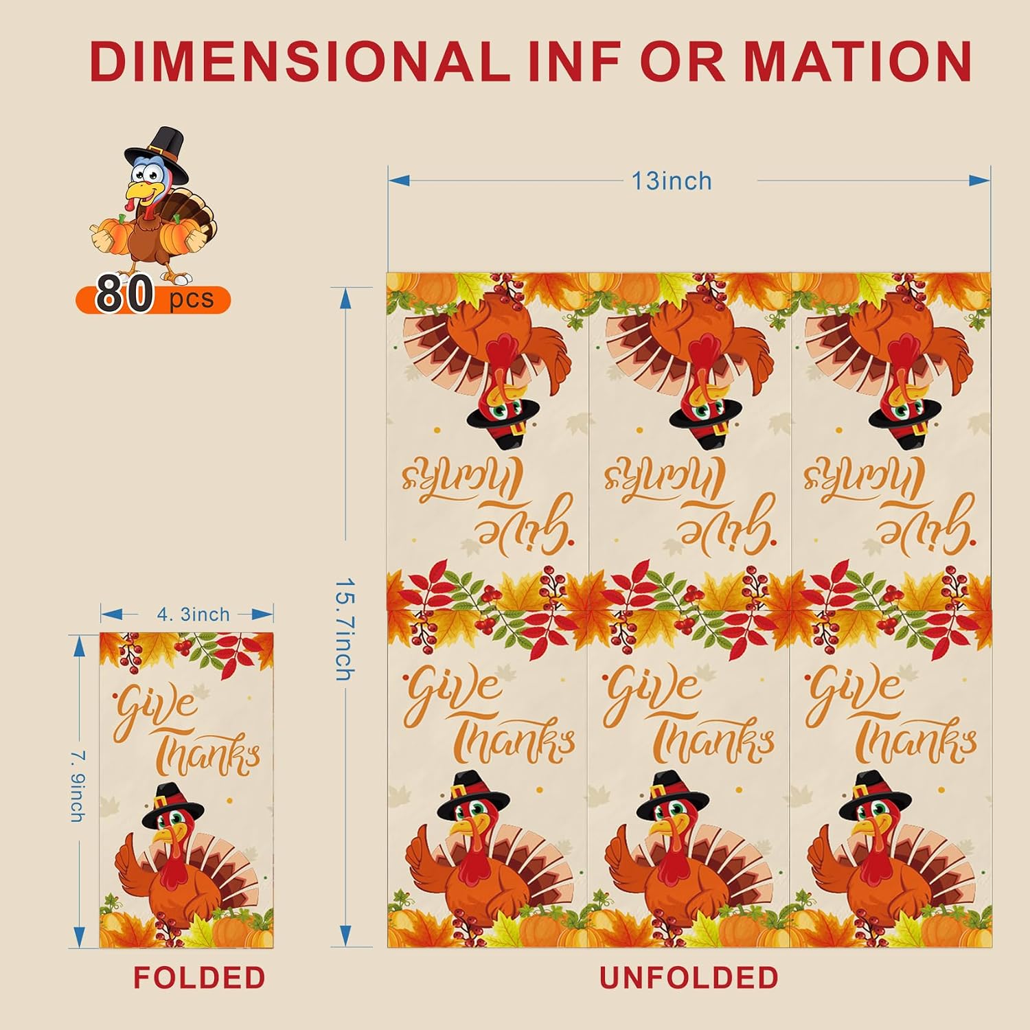 80-Count Fall Turkey Paper Napkins - Disposable Thanksgiving Decor - Image 2