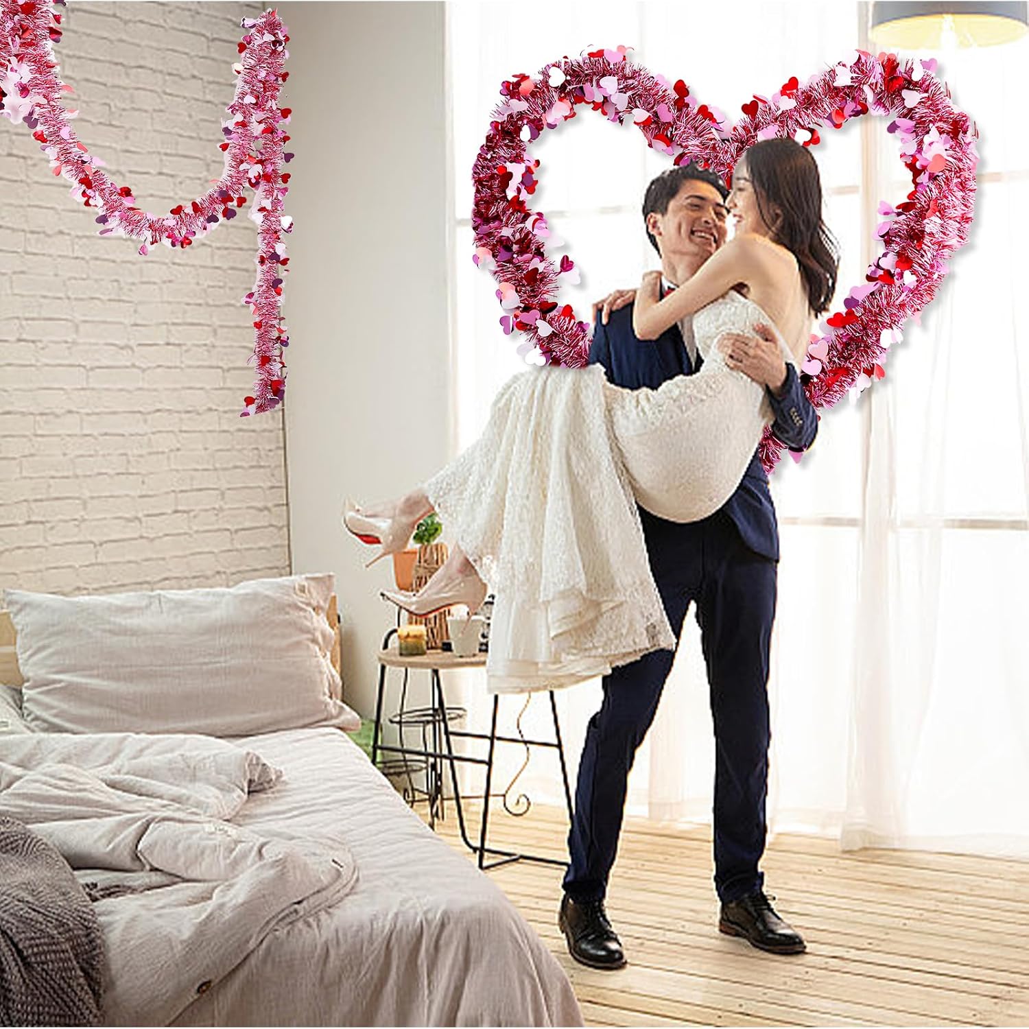 50ft Valentine Heart Glitter Tinsel Garland - Pink, Red, White Decor. - Image 5