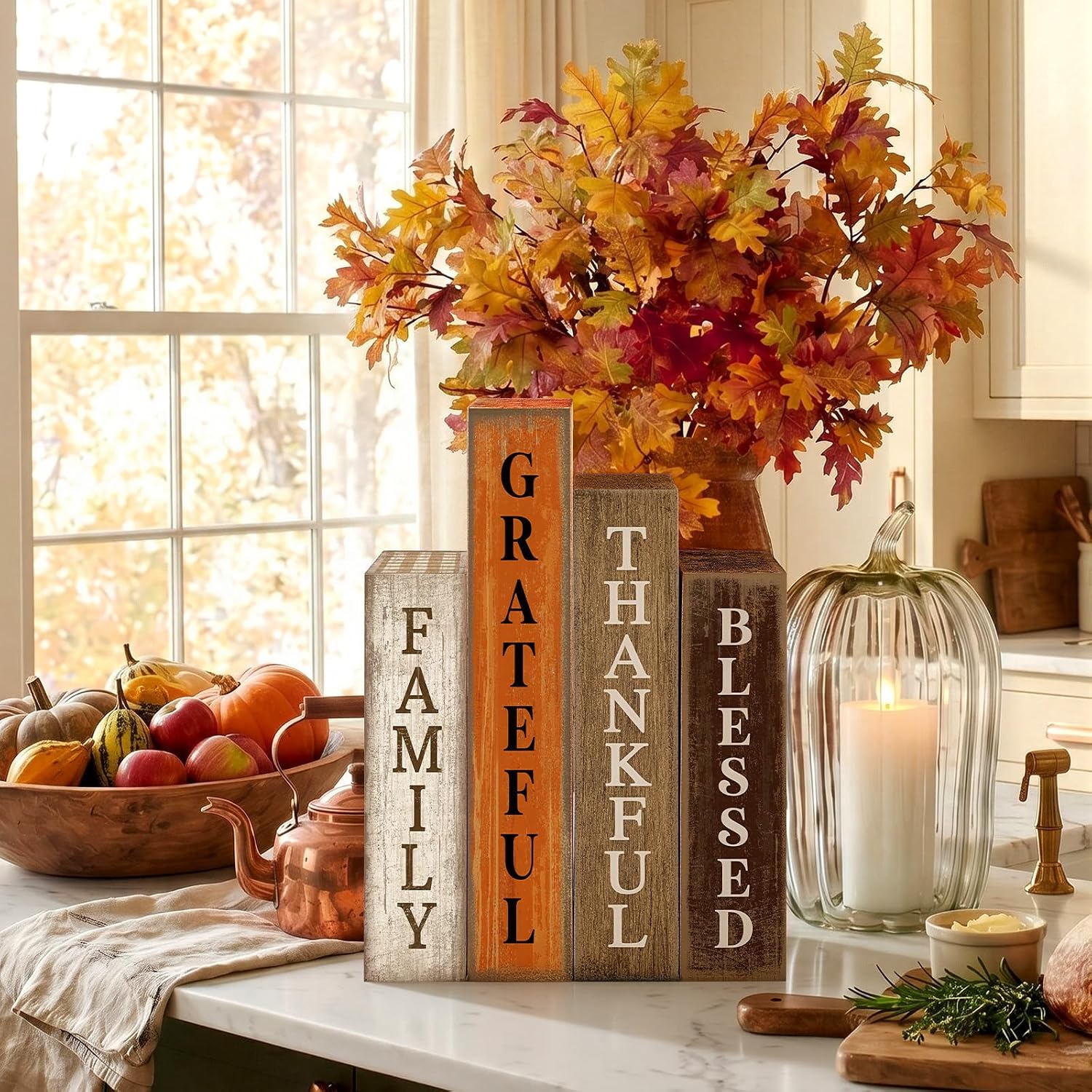 Fall Book Stack Decor: Table, Tray & Shelf Thankful Signs - Image 3