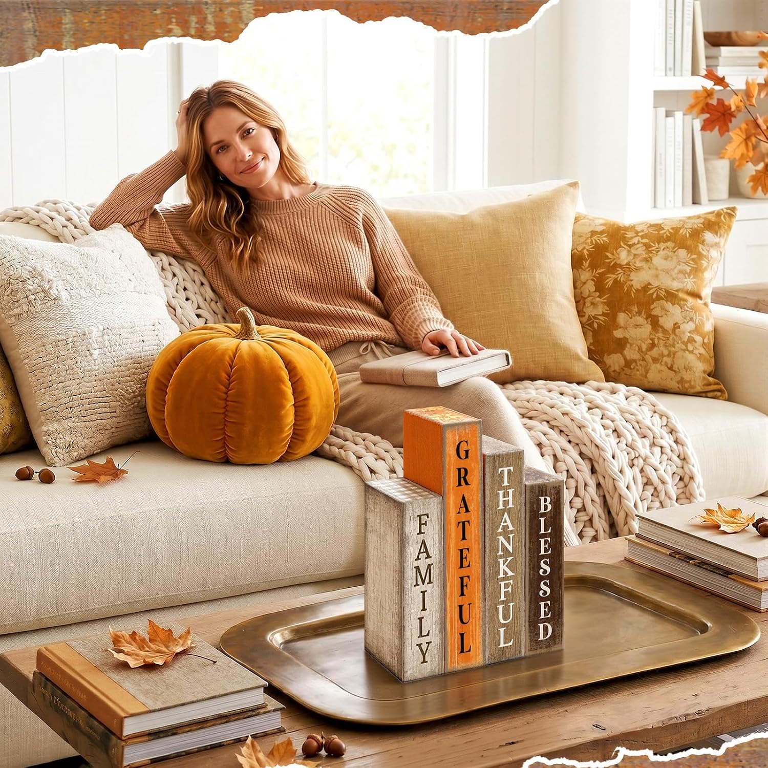 Fall Book Stack Decor: Table, Tray & Shelf Thankful Signs - Image 4