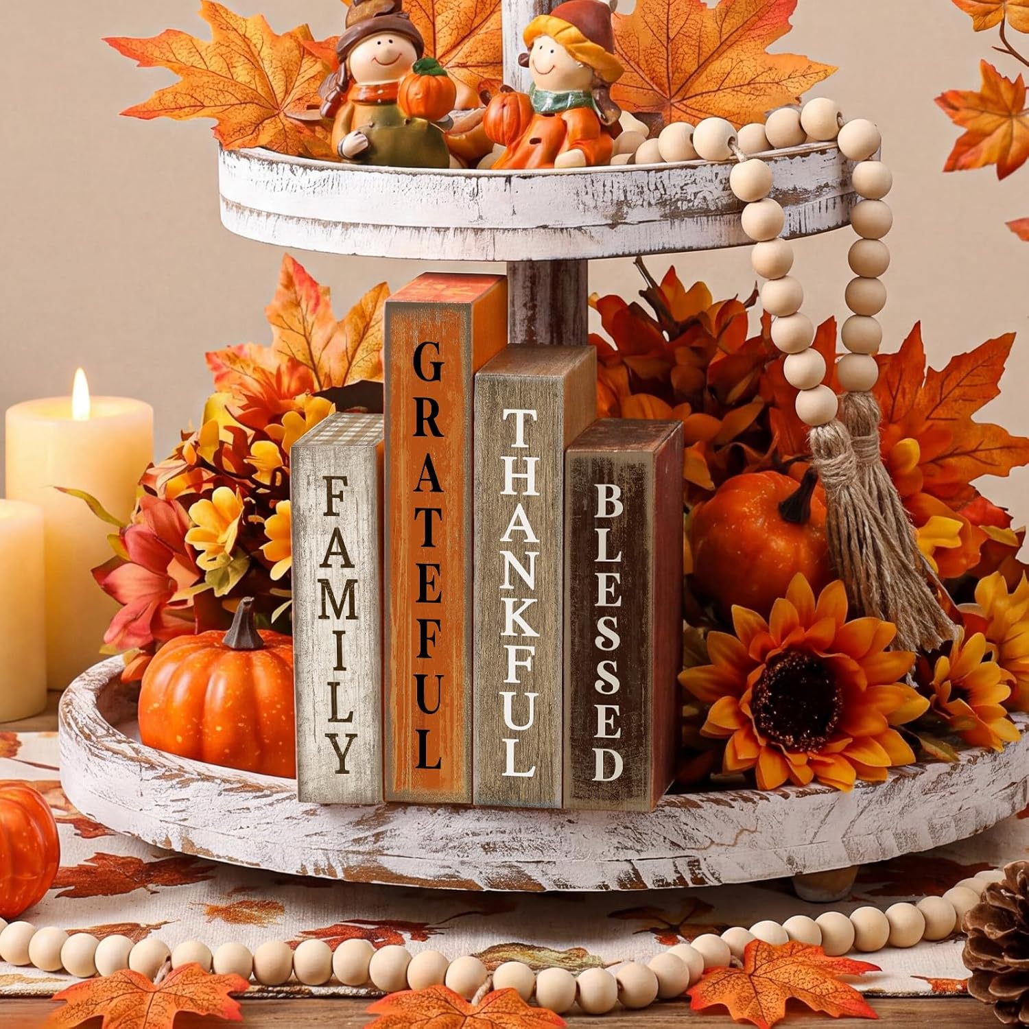 Fall Book Stack Decor: Table, Tray & Shelf Thankful Signs - Image 6