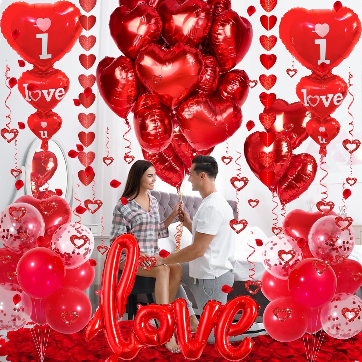 Romantic Valentine Decor Set: "I Love You" Balloons, Red Hearts, Petals. - Image 3