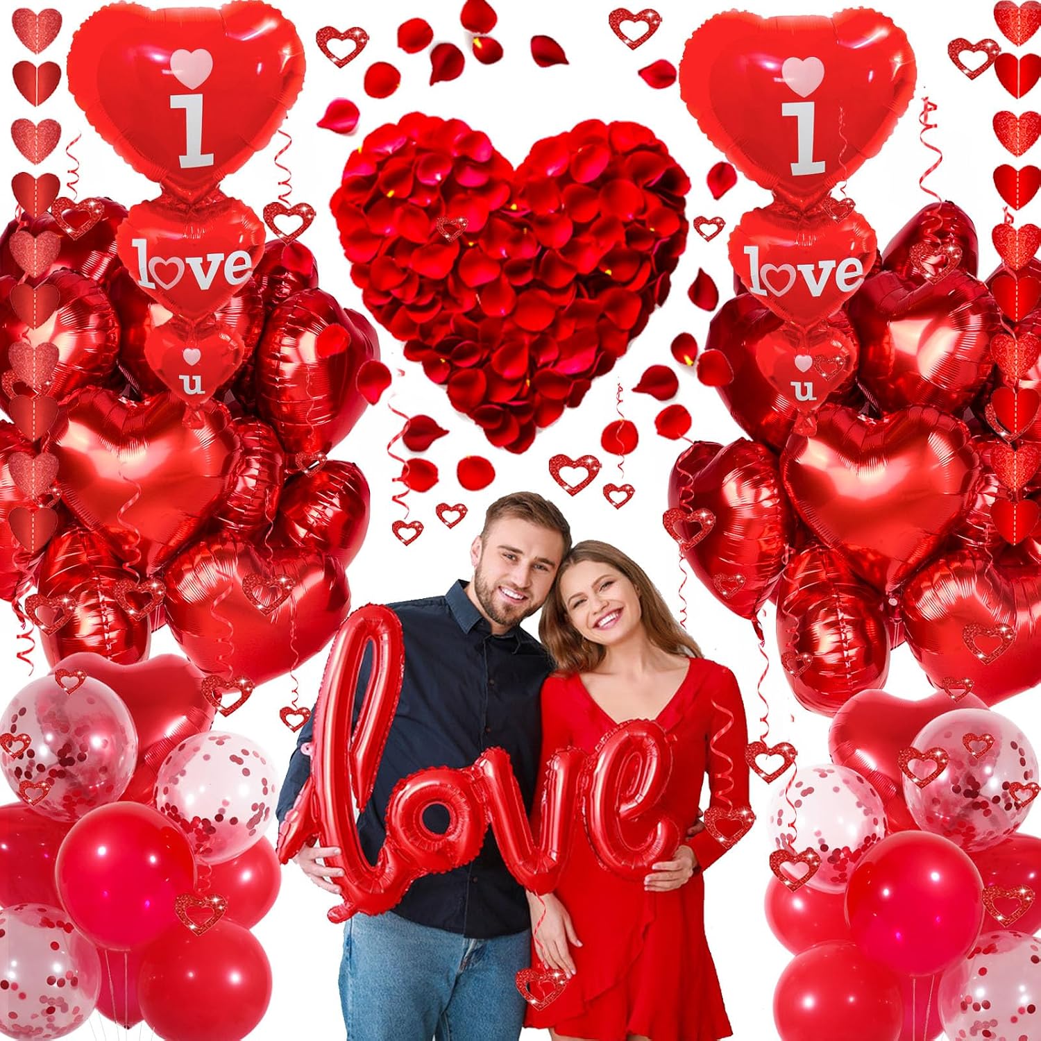 Romantic Valentine Decor Set: "I Love You" Balloons, Red Hearts, Petals. - Image 4