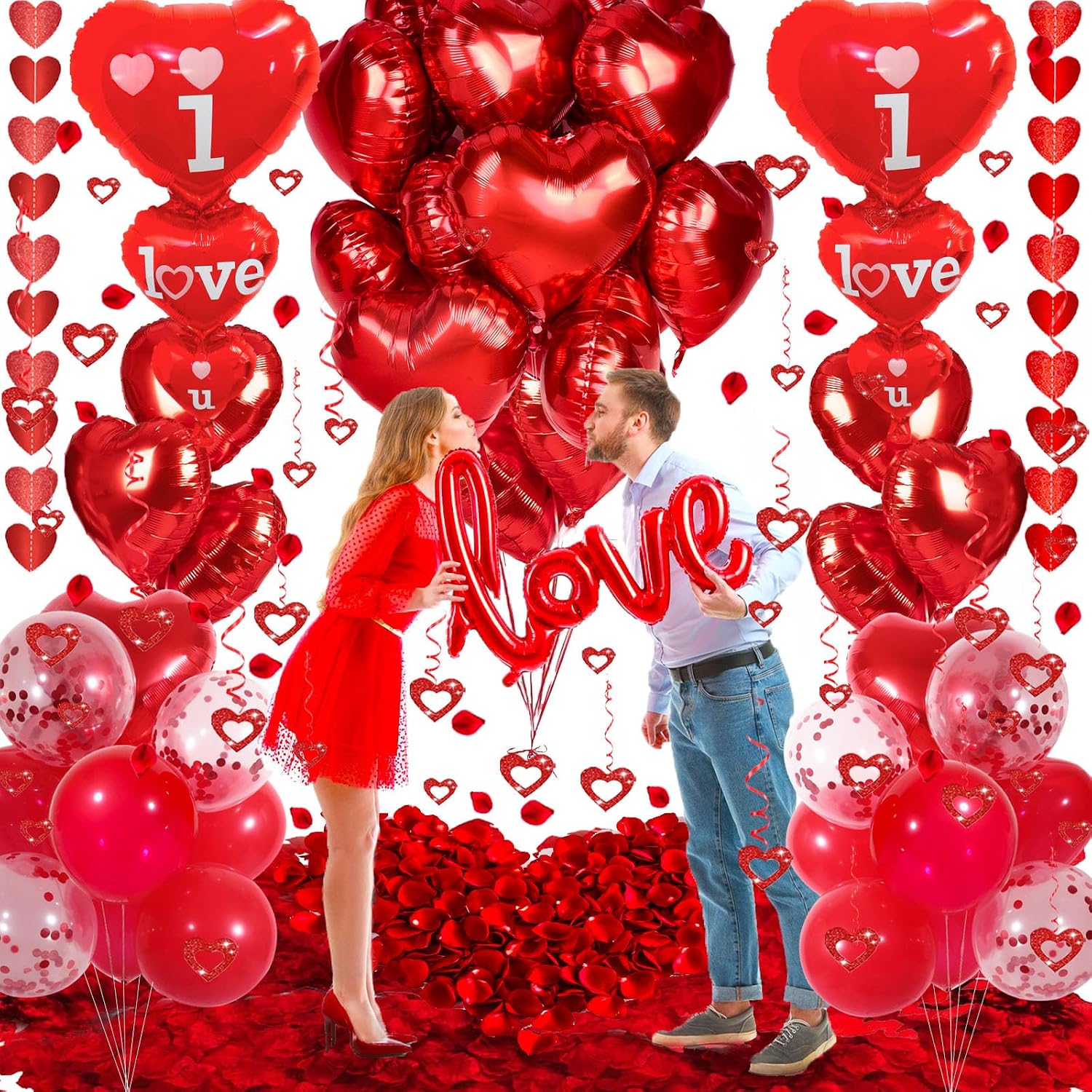 Romantic Valentine Decor Set: "I Love You" Balloons, Red Hearts, Petals. - Image 5