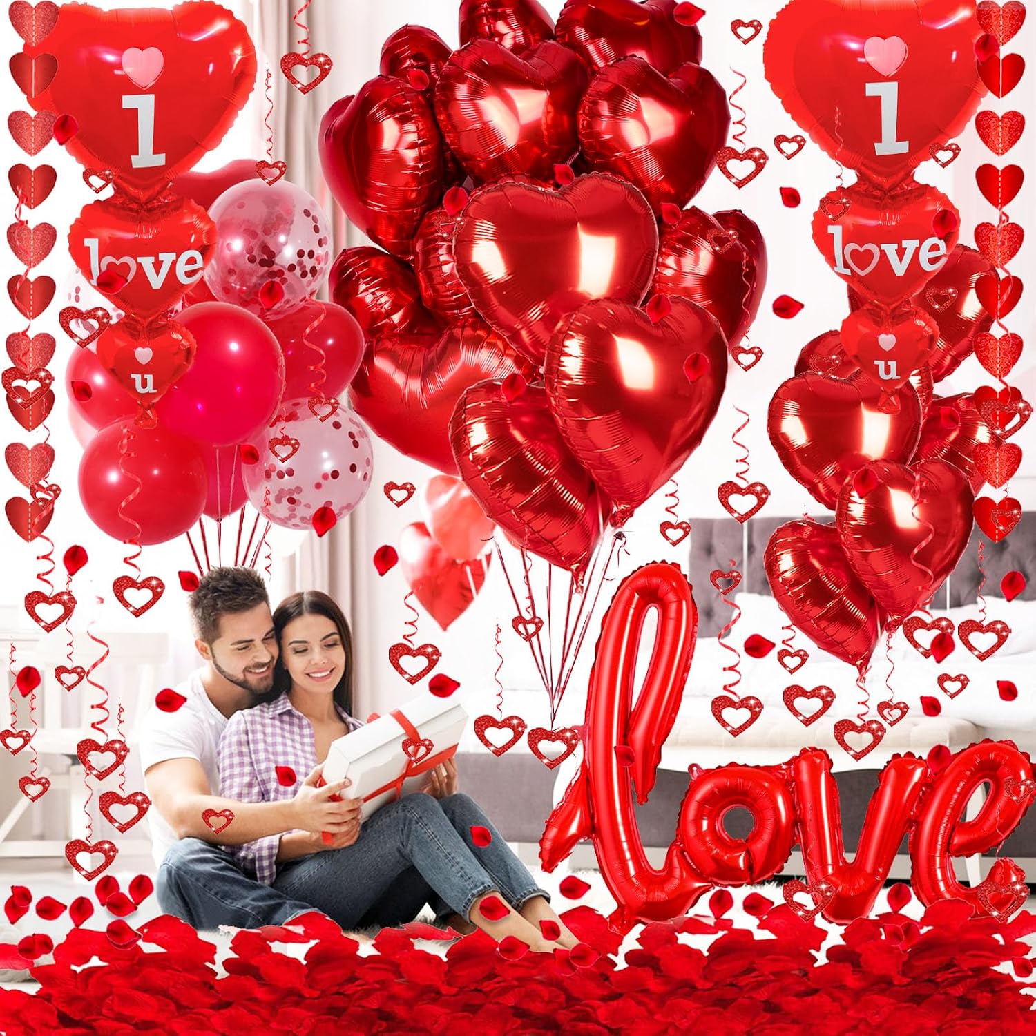 Romantic Valentine Decor Set: "I Love You" Balloons, Red Hearts, Petals. - Image 6