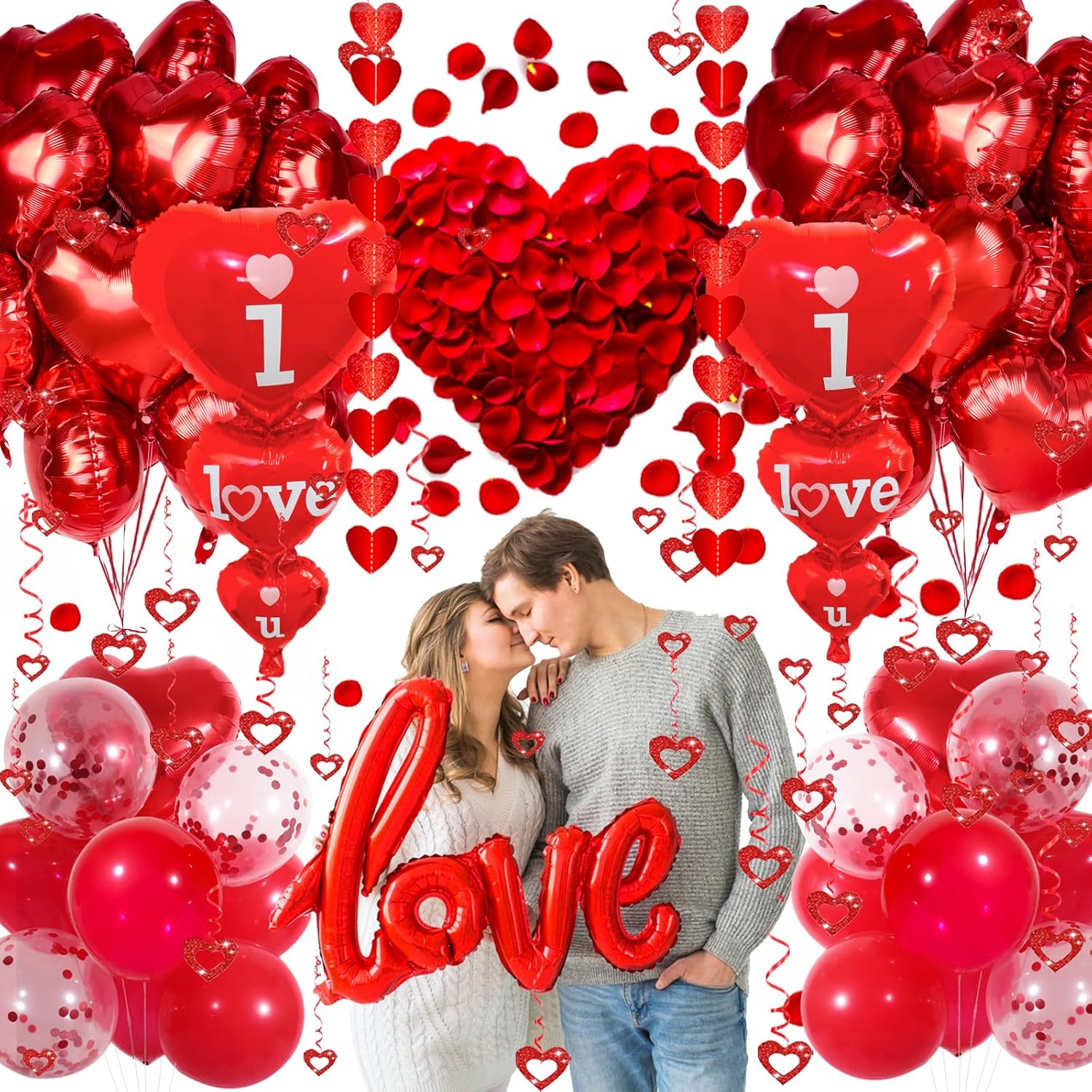 Romantic Valentine Decor Set: "I Love You" Balloons, Red Hearts, Petals. - Image 7