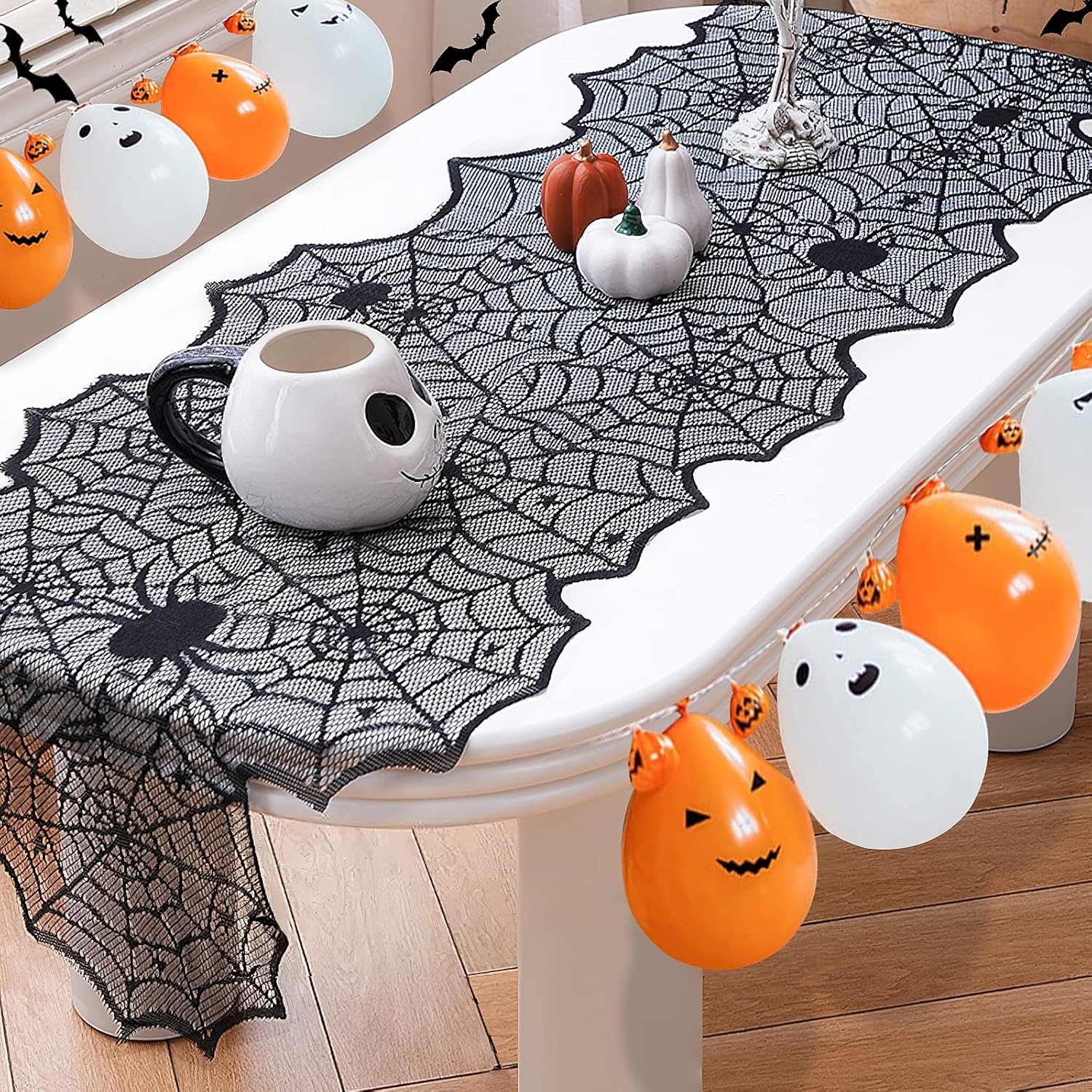 Black Lace Spider Web Table Runner for Halloween Decor - Image 2