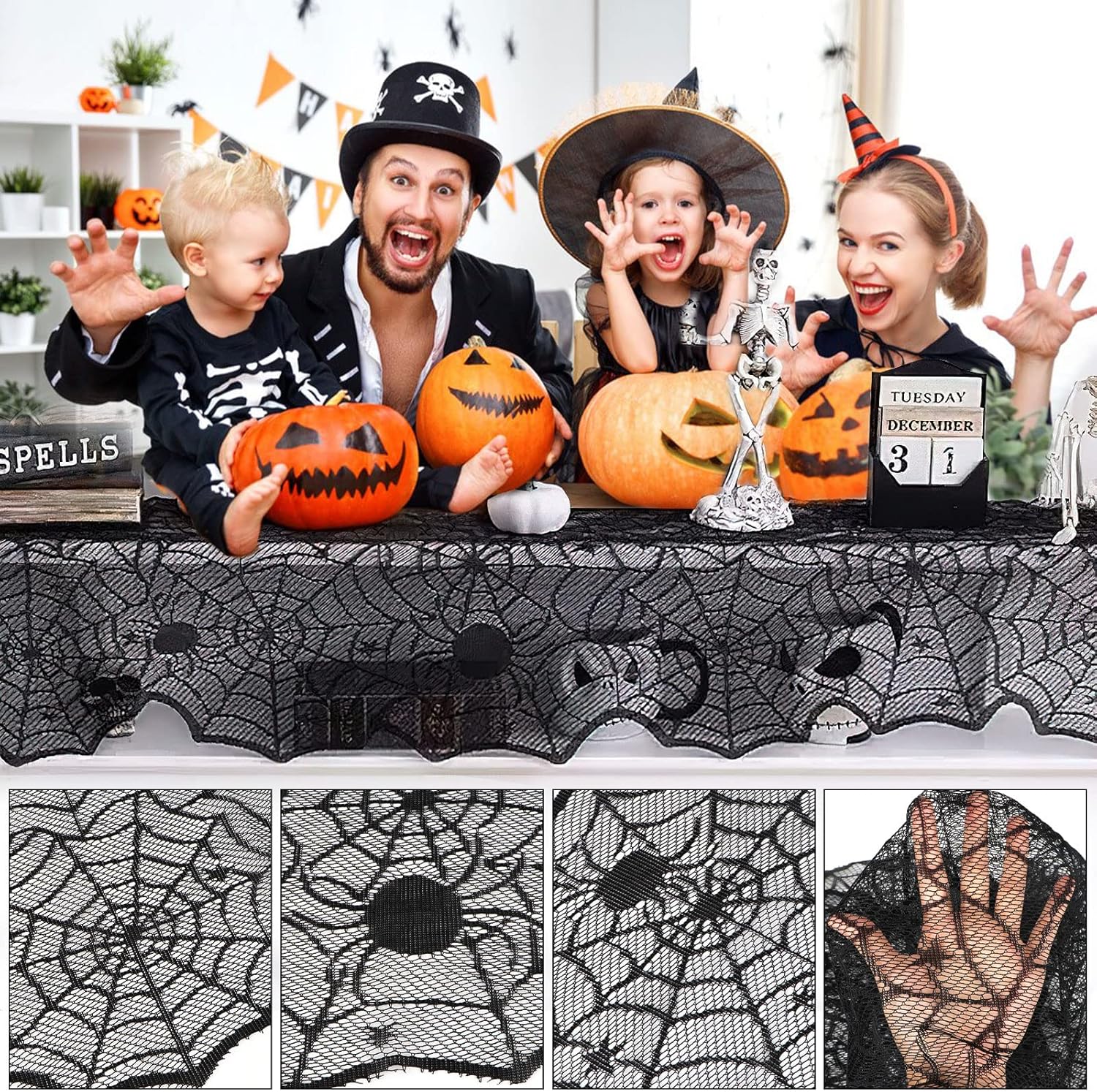 Black Lace Spider Web Table Runner for Halloween Decor - Image 3