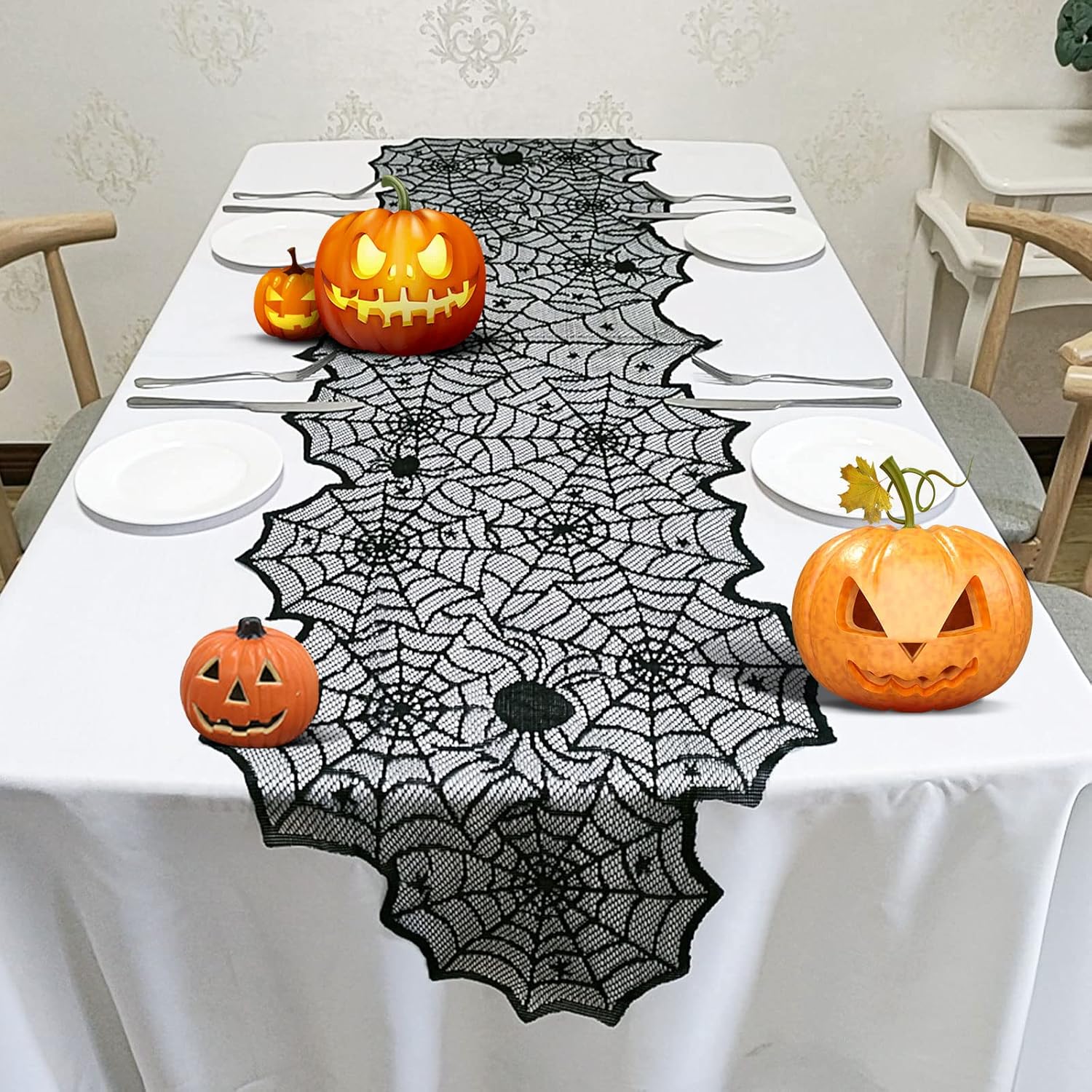 Black Lace Spider Web Table Runner for Halloween Decor - Image 6