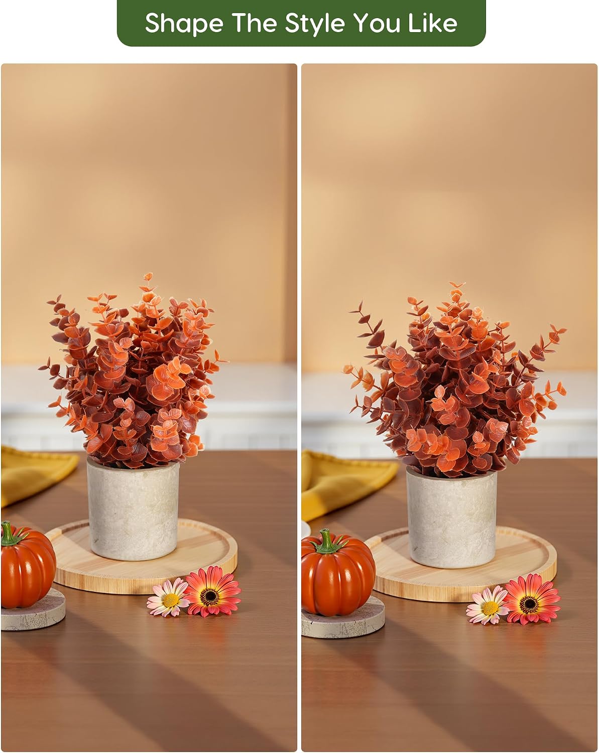2 Small Realistic Fall Orange Eucalyptus Plants - Potted Indoor Decor - Image 3
