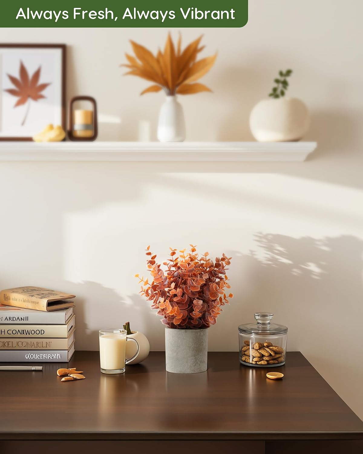 2 Small Realistic Fall Orange Eucalyptus Plants - Potted Indoor Decor - Image 5